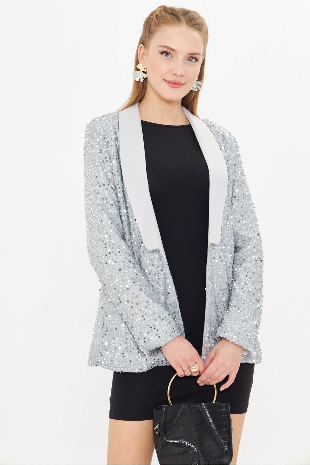 Woman Light Gray Shawl Paper Payet Jacket ARM-24K001052