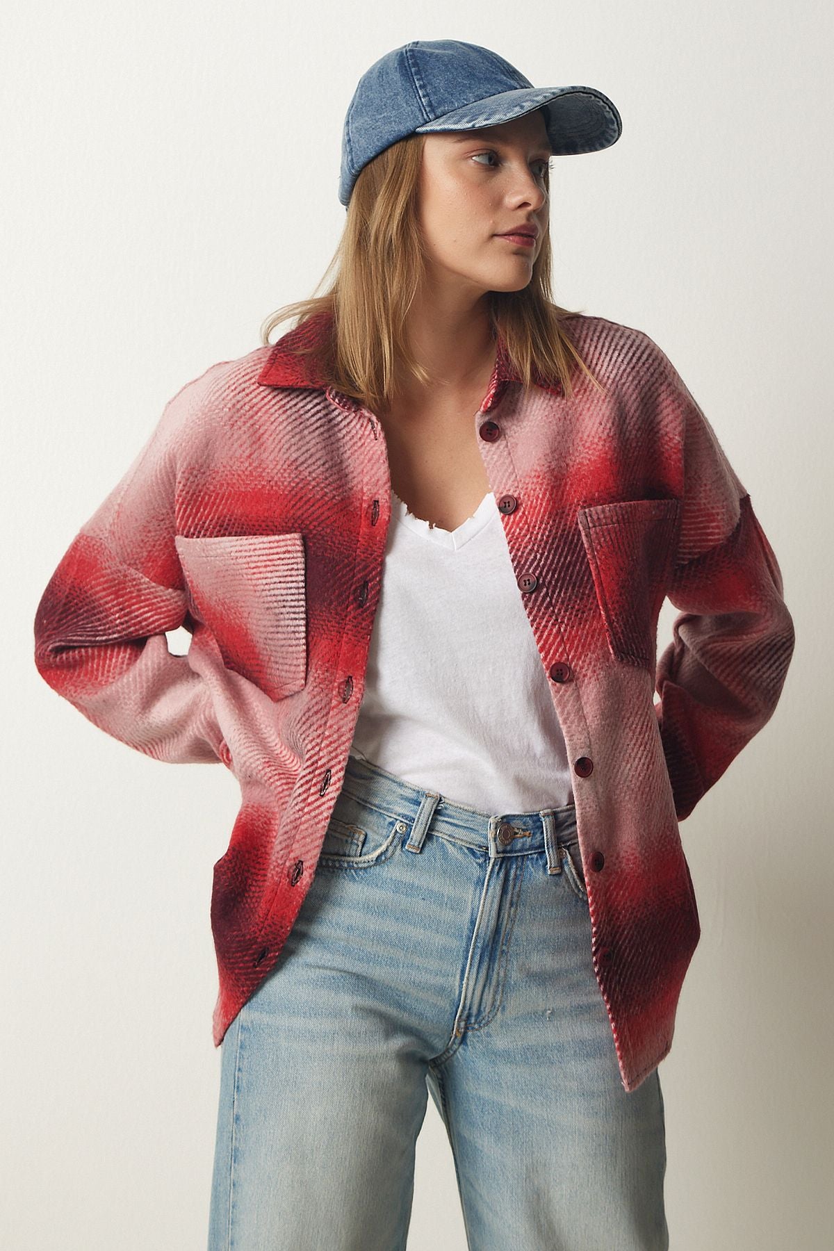 Woman Red Woody Oversize Stamp Shirt Jacket TU00035