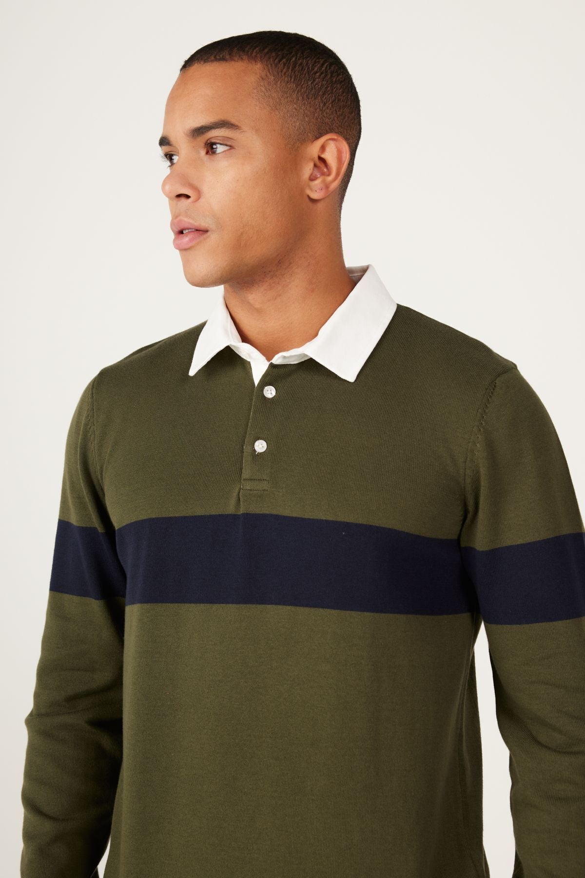 Men's Khaki-Navy Blue Standard Fit Normal Cut Polico Knitwear with 100 %Cotton Patterned Patterned