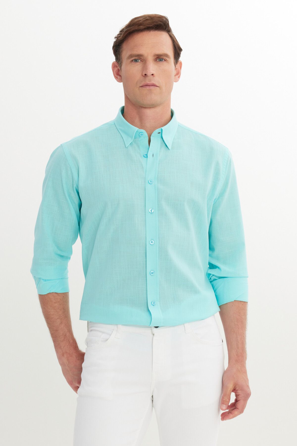 Men's turquoise comfort fit comfortable cut hidden button collar 100 %cotton pennant shirt