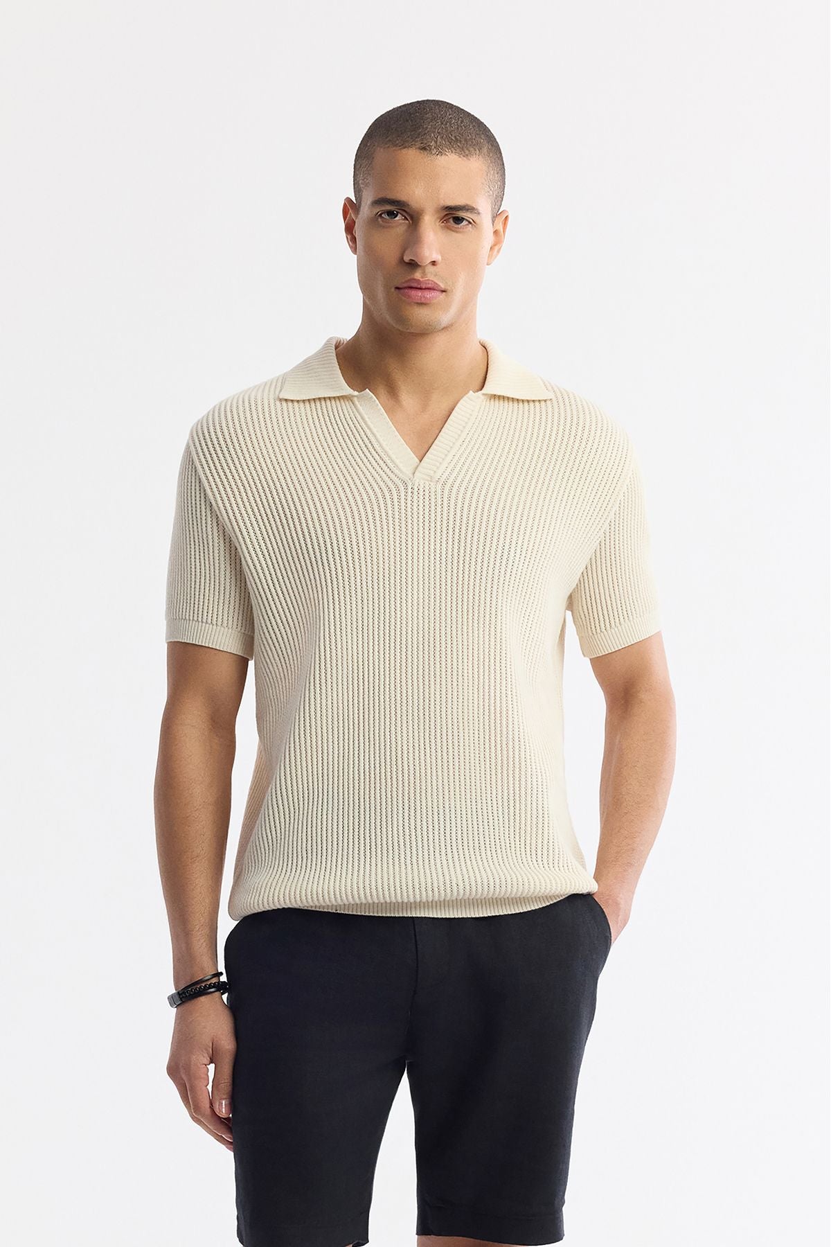 Men's Beige Polo Yaka Buttonless Offer Triko T-Shirt A51y5166