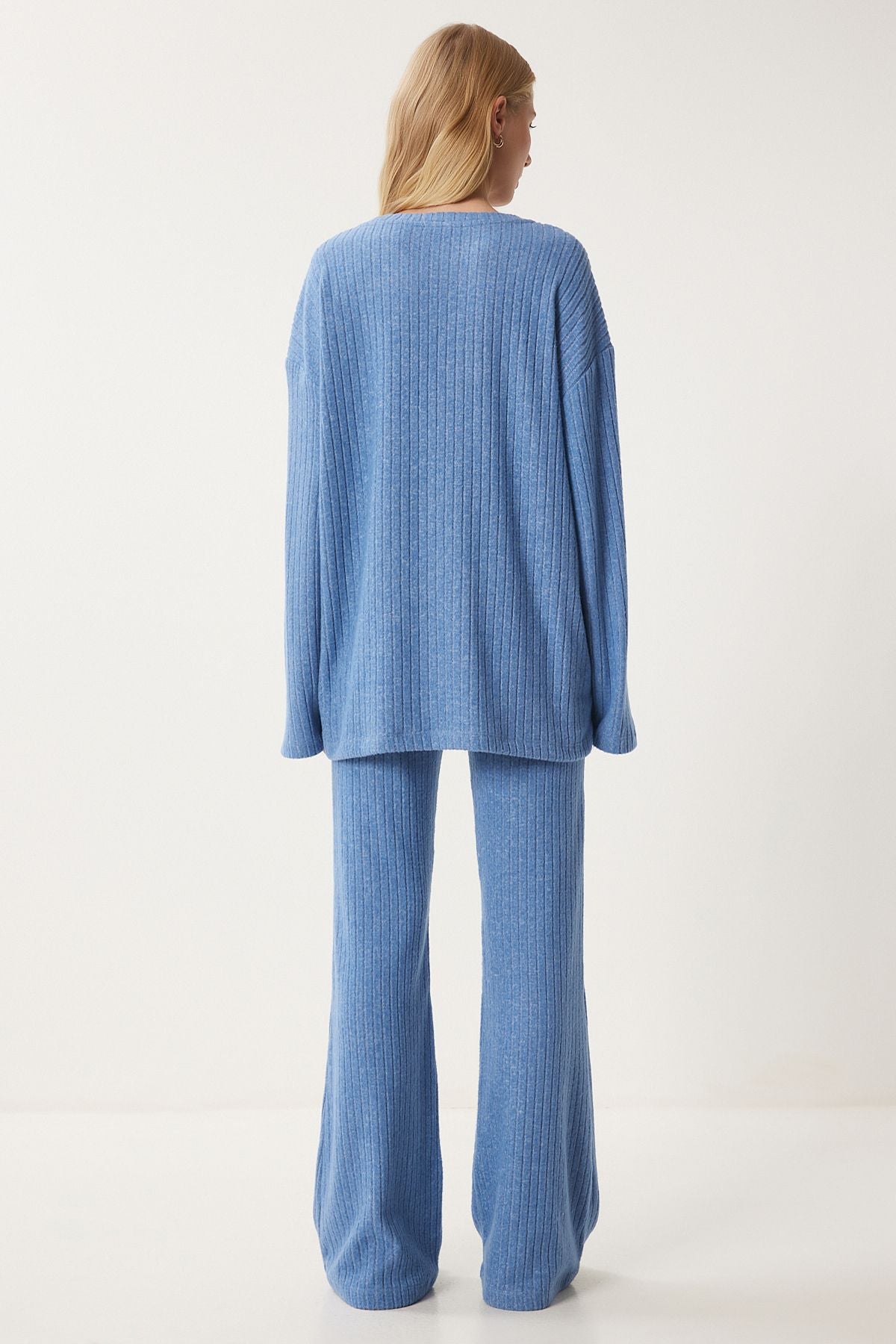 Woman Blue Casual Wick Knitting Blouse Pants Set RG00047