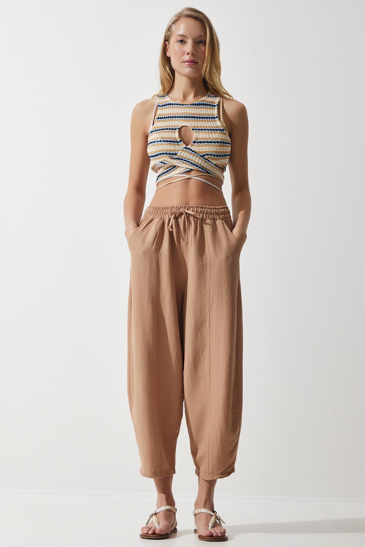 Female Dark Beige Pocket Linen Viscose Shalwar Pants CV00001