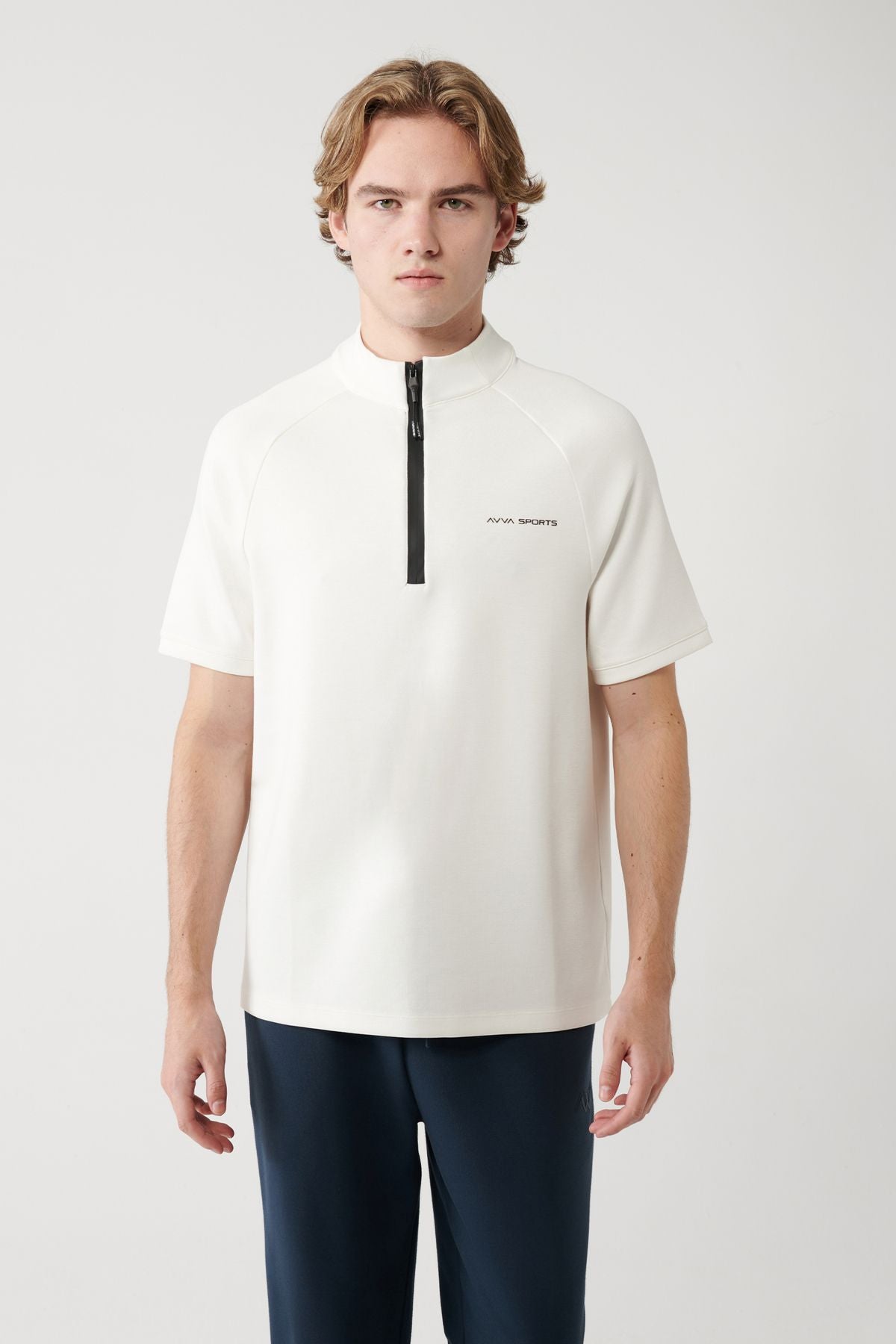 Male Ecru vertical collar half zipper printed T-shirt A41y1312