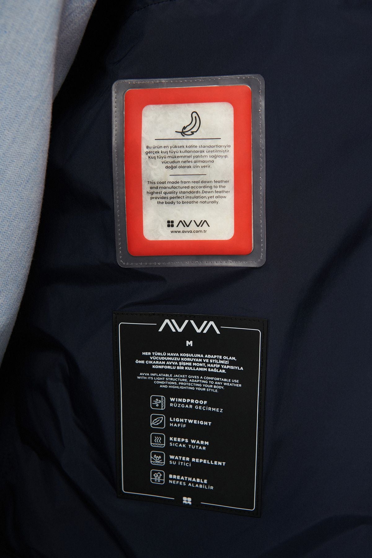 Men's navy blue goose feather water printer and windproof classic collar coat A32y6022