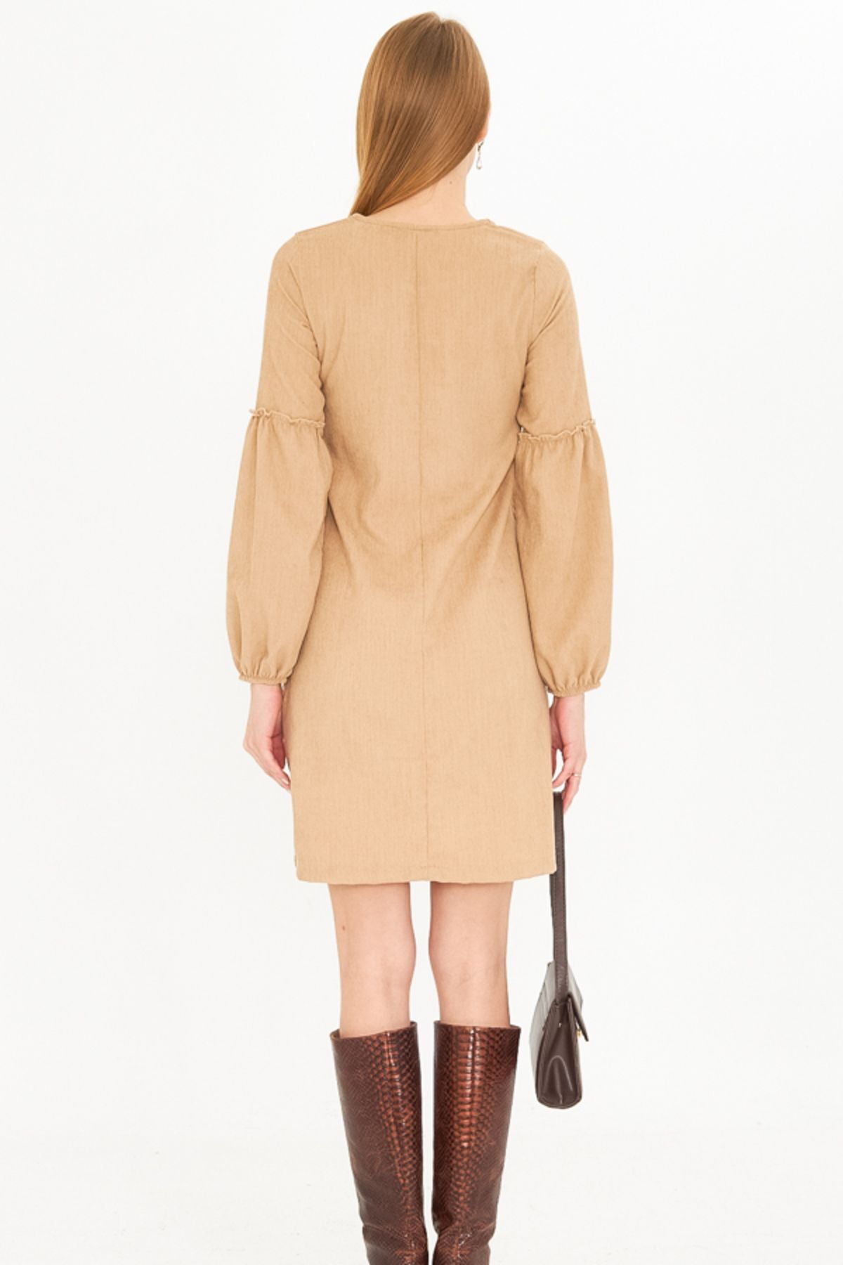 Female Beige Branch Velvet Dress with Balloon Arm-20K001107