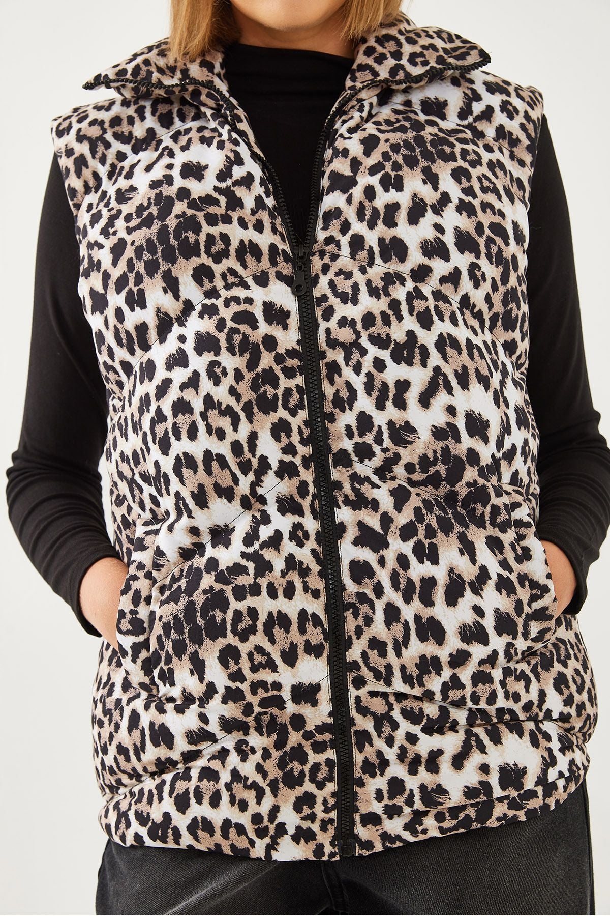 Female Fisherman Collar Leopard Patterned Swelling Vest 938128 60351234