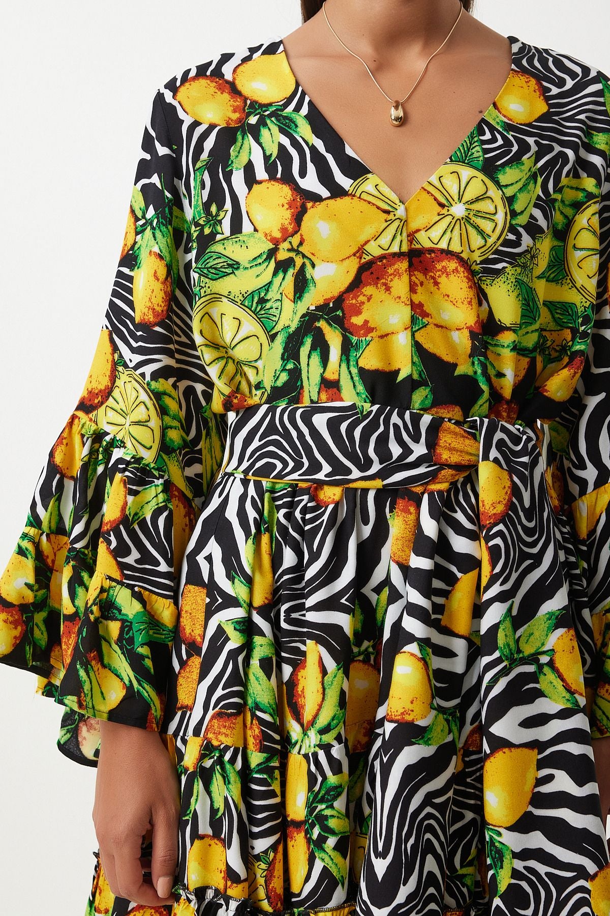 Woman Yellow Black Patterned Summer plenty of viscose dress FN03200