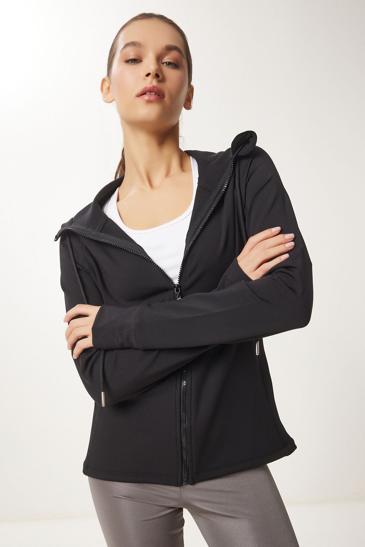 Female black finger detailed hooded zipper knitting sweatshirt vx00007