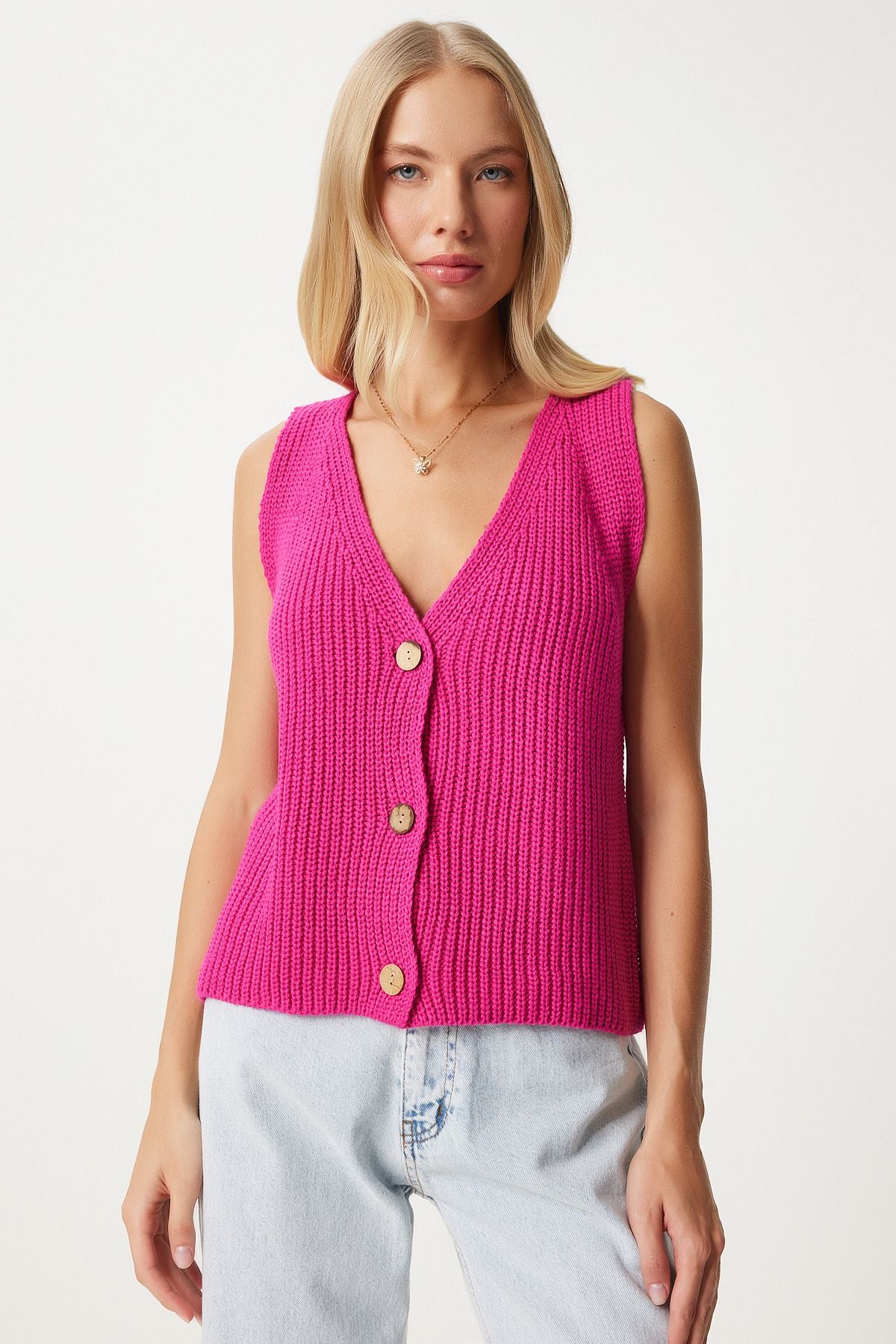 Woman Pink V Yaka Knitwear Vest YY00221