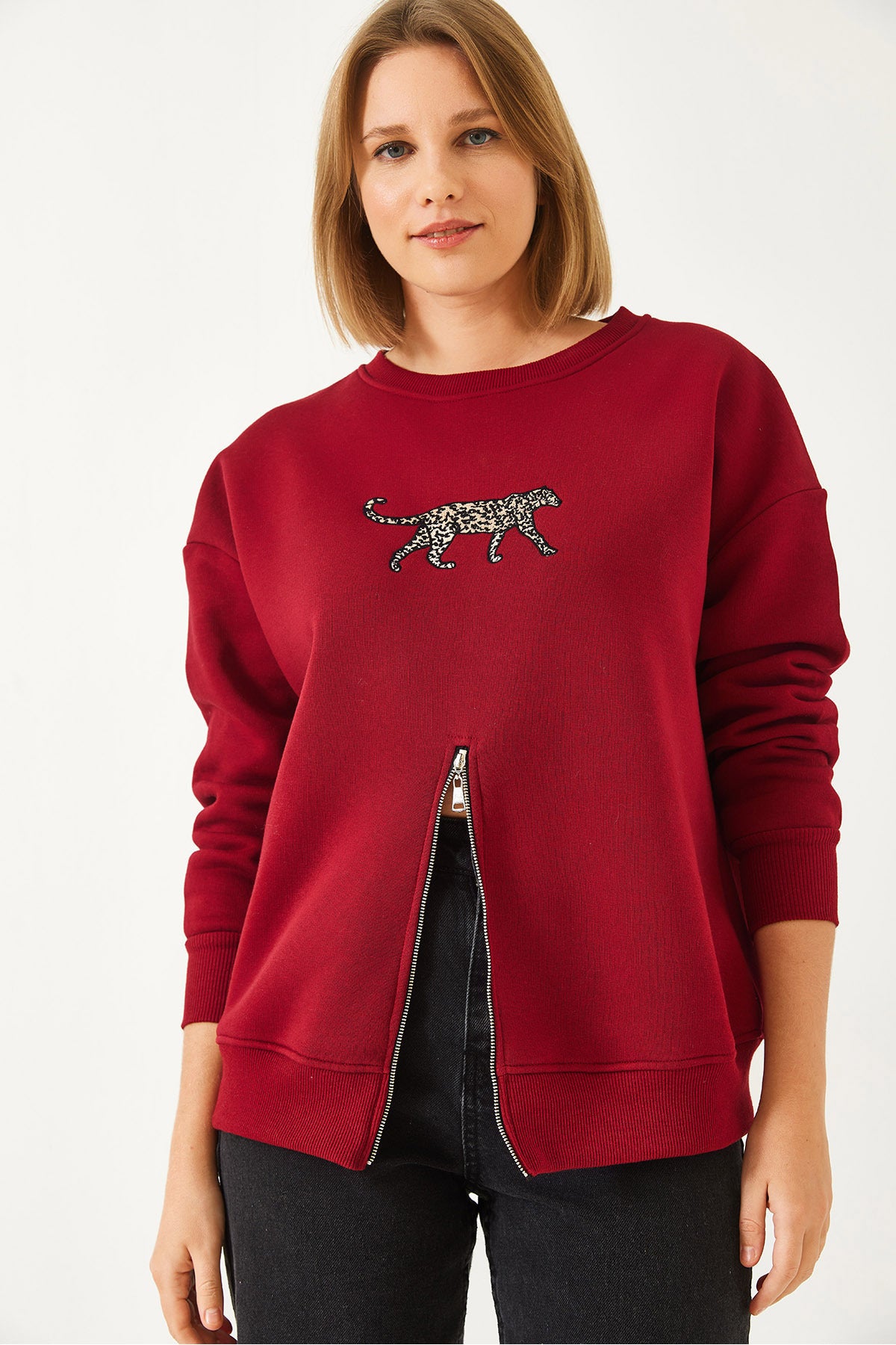 Women's Three Thread Rose Gold Zippered Front Leopard Printed Sweatshirt 60351258