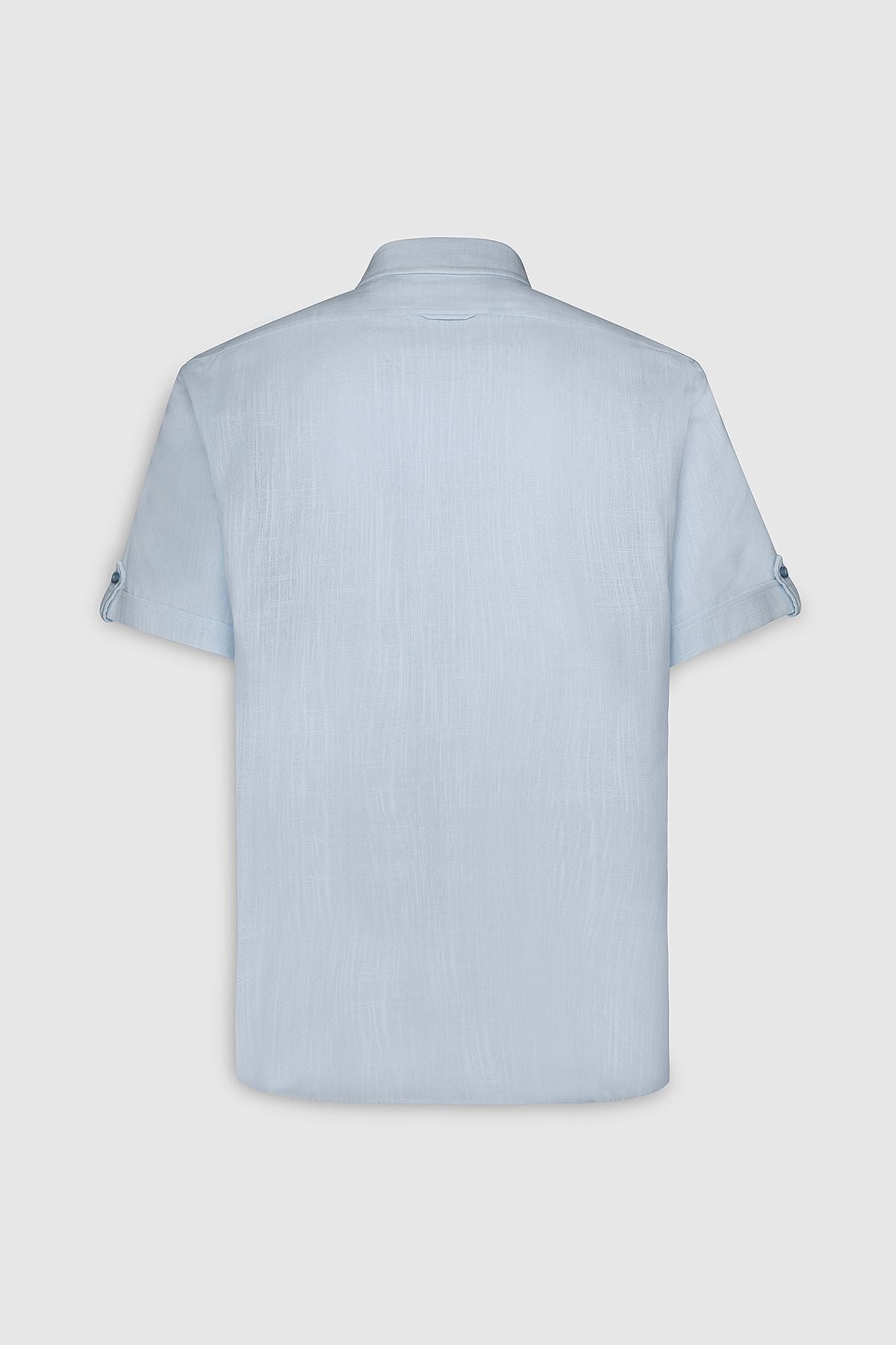 Men's Light Blue Comfort Fit Casual Cutting Buttoned Neck Linen Look 100 %Cotton Short Sleeve Shirt