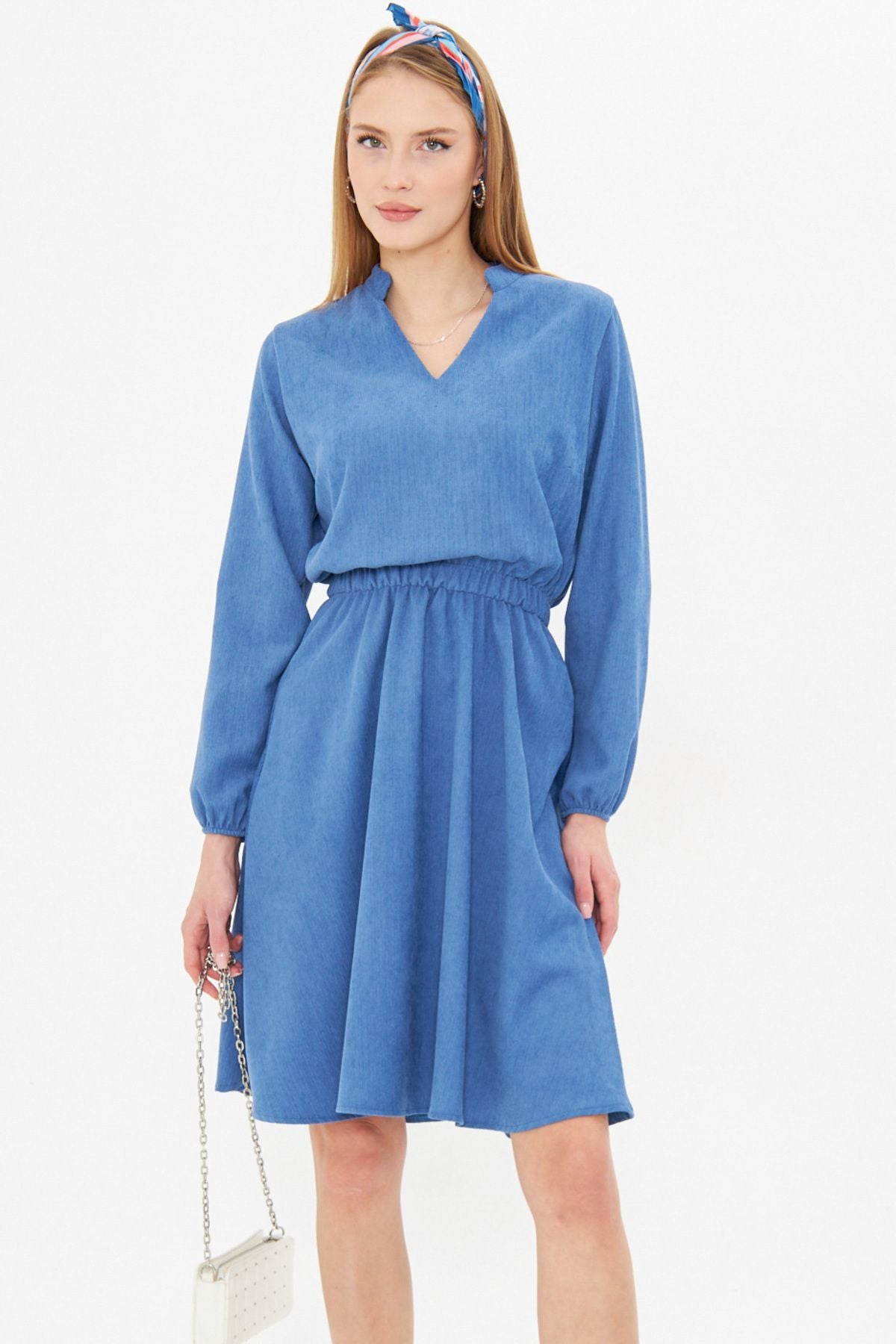 Female indigo velvet v-neck waist tire thin wniplous dress ARM-25K001049