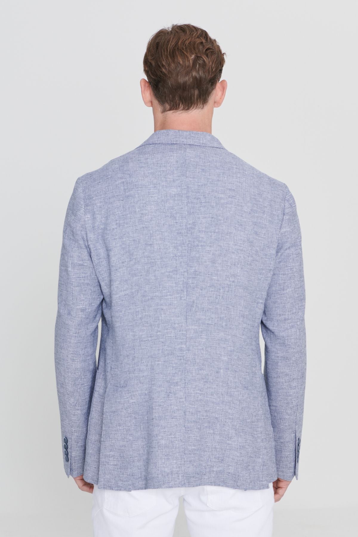 Men's navy blue slim fit narrow cutting linen patterned mono collar bag pocket blazer jacket