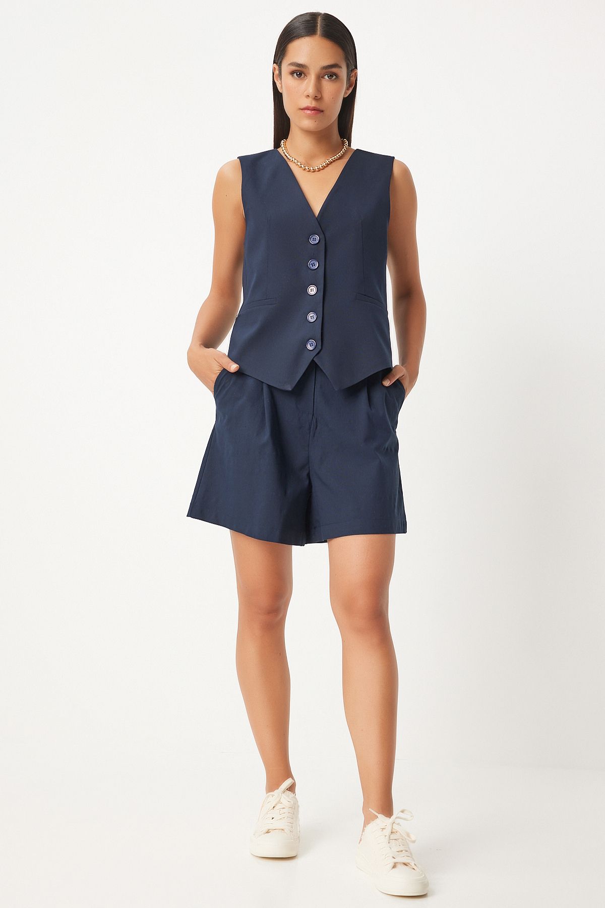 Woman Navy Blue V -Yaka Vest Shorts Set to00144