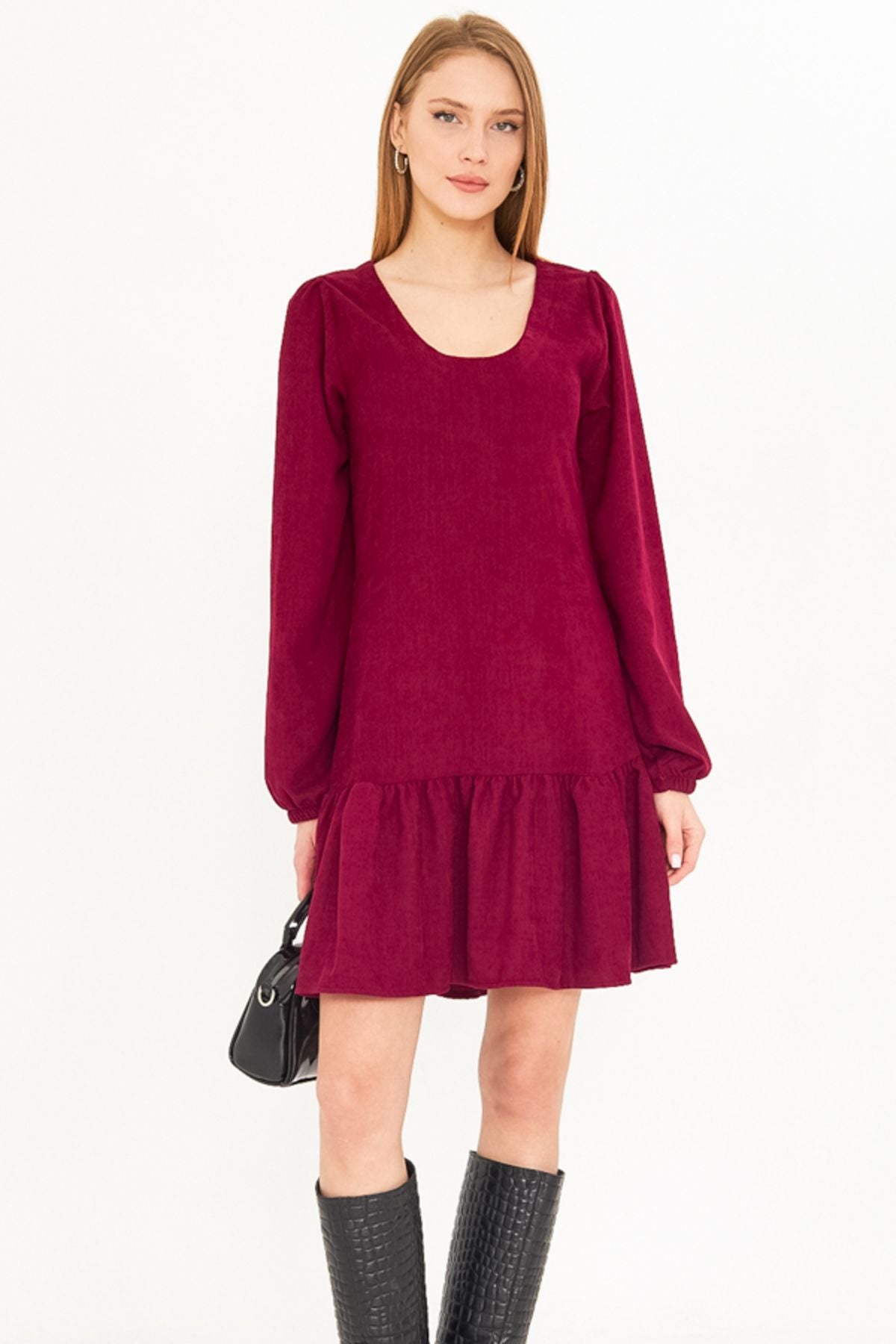 Women's Pins U collar skirt tip frilly arms with rubber velvet short dress ARM-25K001086