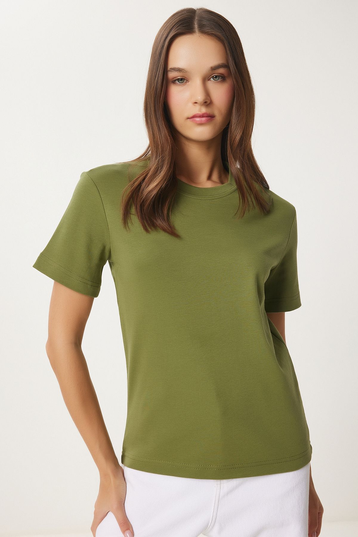 Female Green Cotton Basic Knitting T-Shirt AG00001