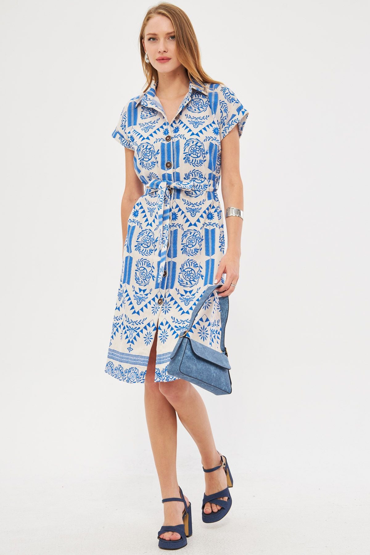 Woman Blue Patterned Linen Looking Waist Belt Short Sleeve Shirt Dress ARM-24Y001108