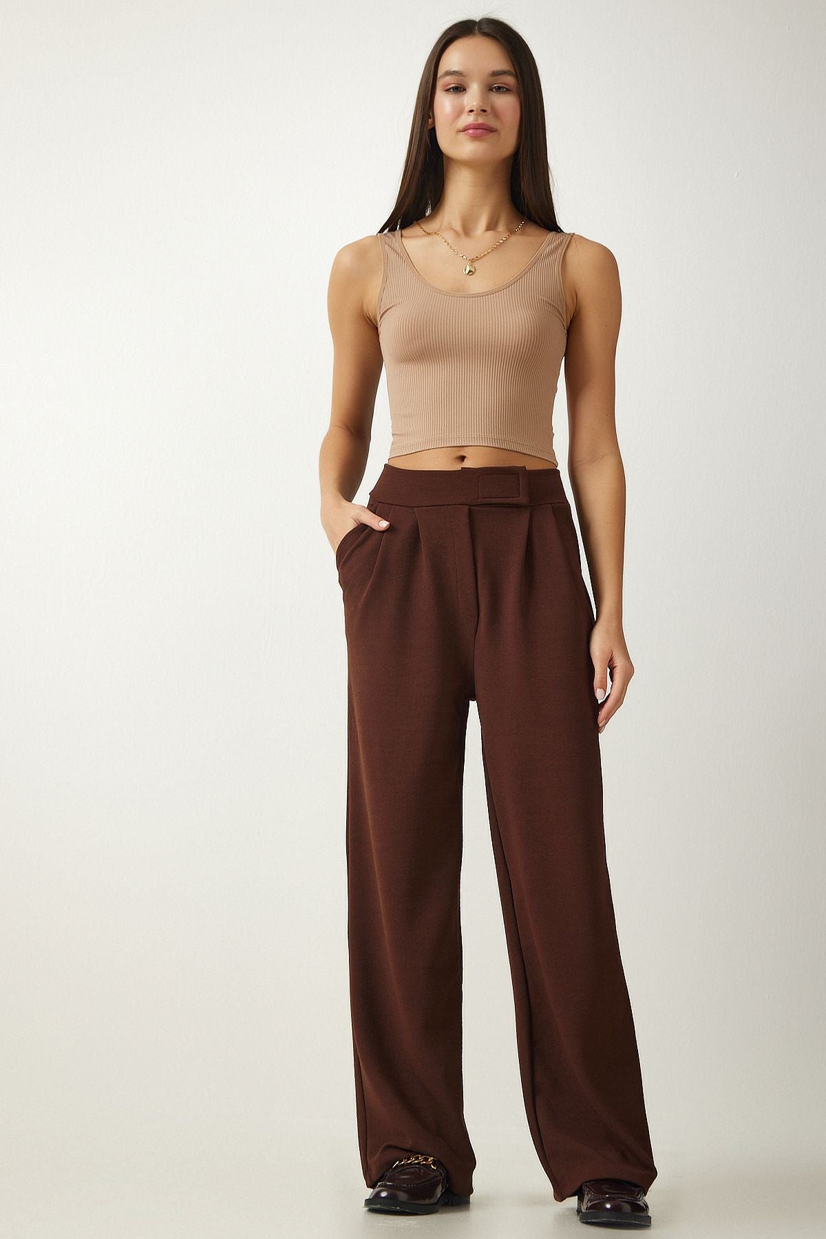 Female Brown Waist Call Casual Palazzo Pants Li00113