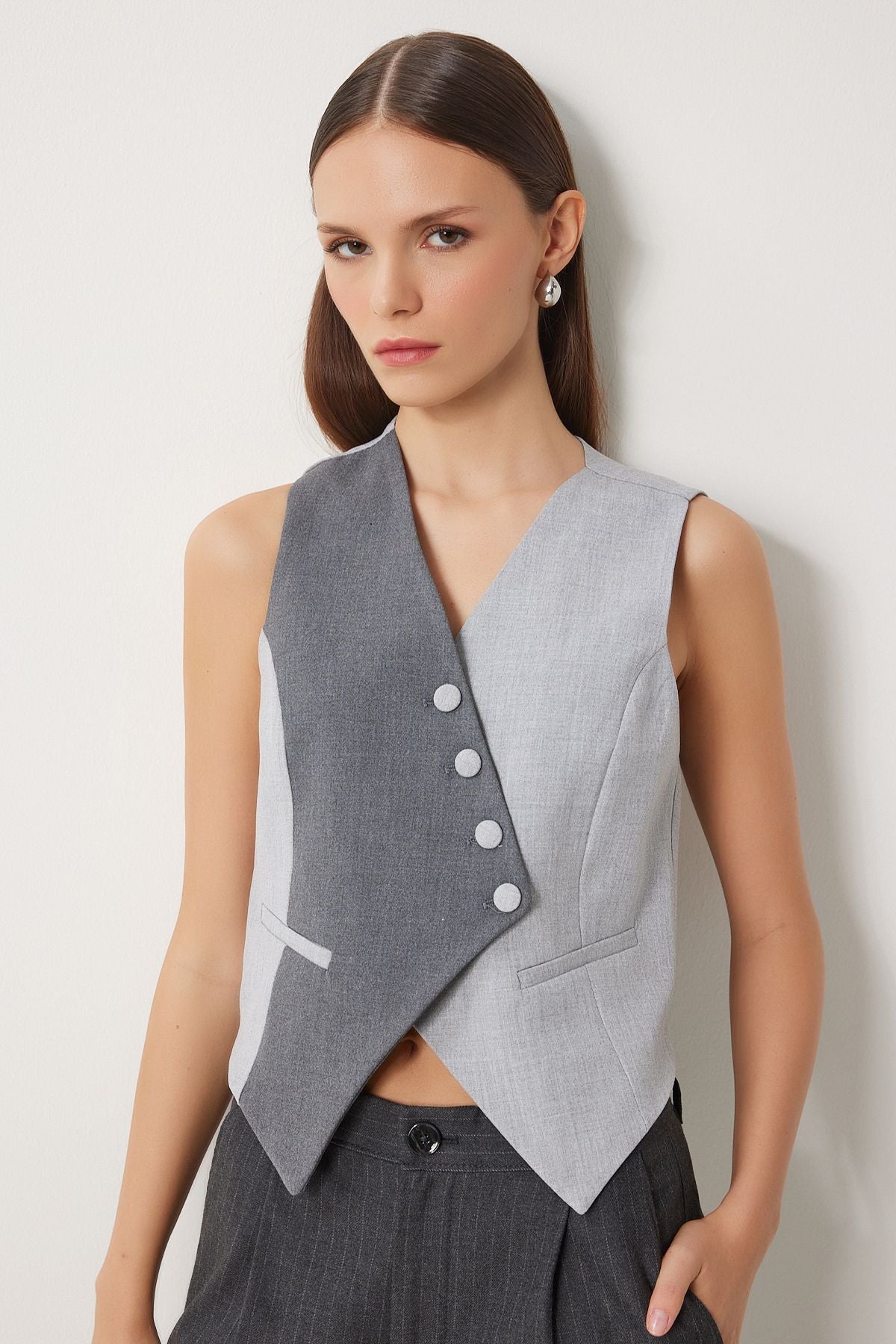 Women's Gray Anthracite Contrast Color Woven Vest GP00012