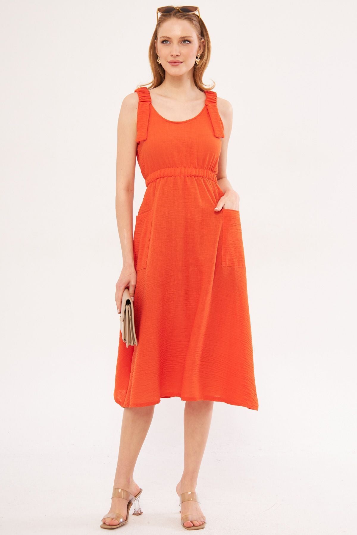 Women's Orange Decatria Dress Waist and Hangers Linen View with Linen Pockets Midi Boy ARM-24Y001034