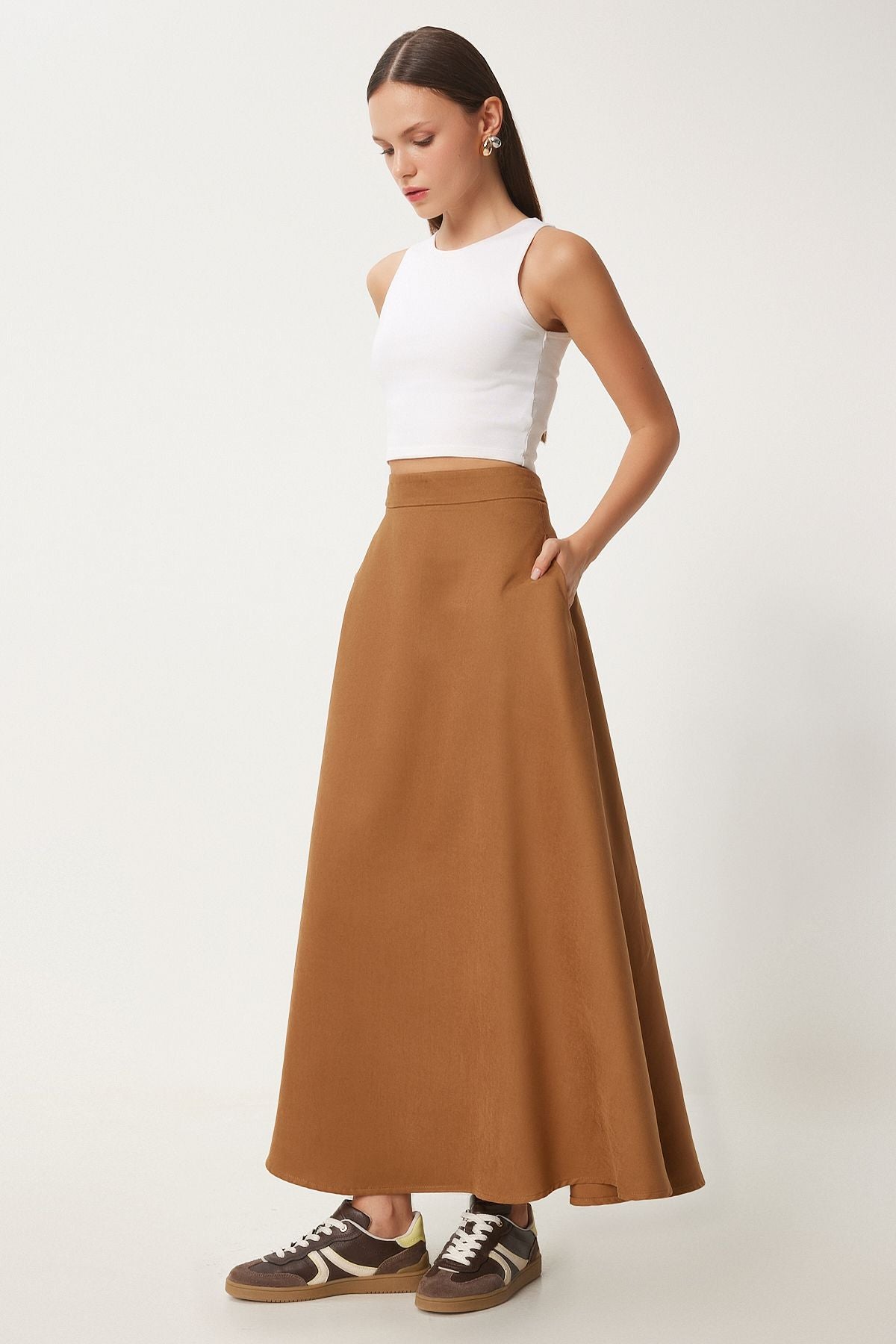 Female Camel Pocket Jacquard Süet Kloş Skirt RG00045