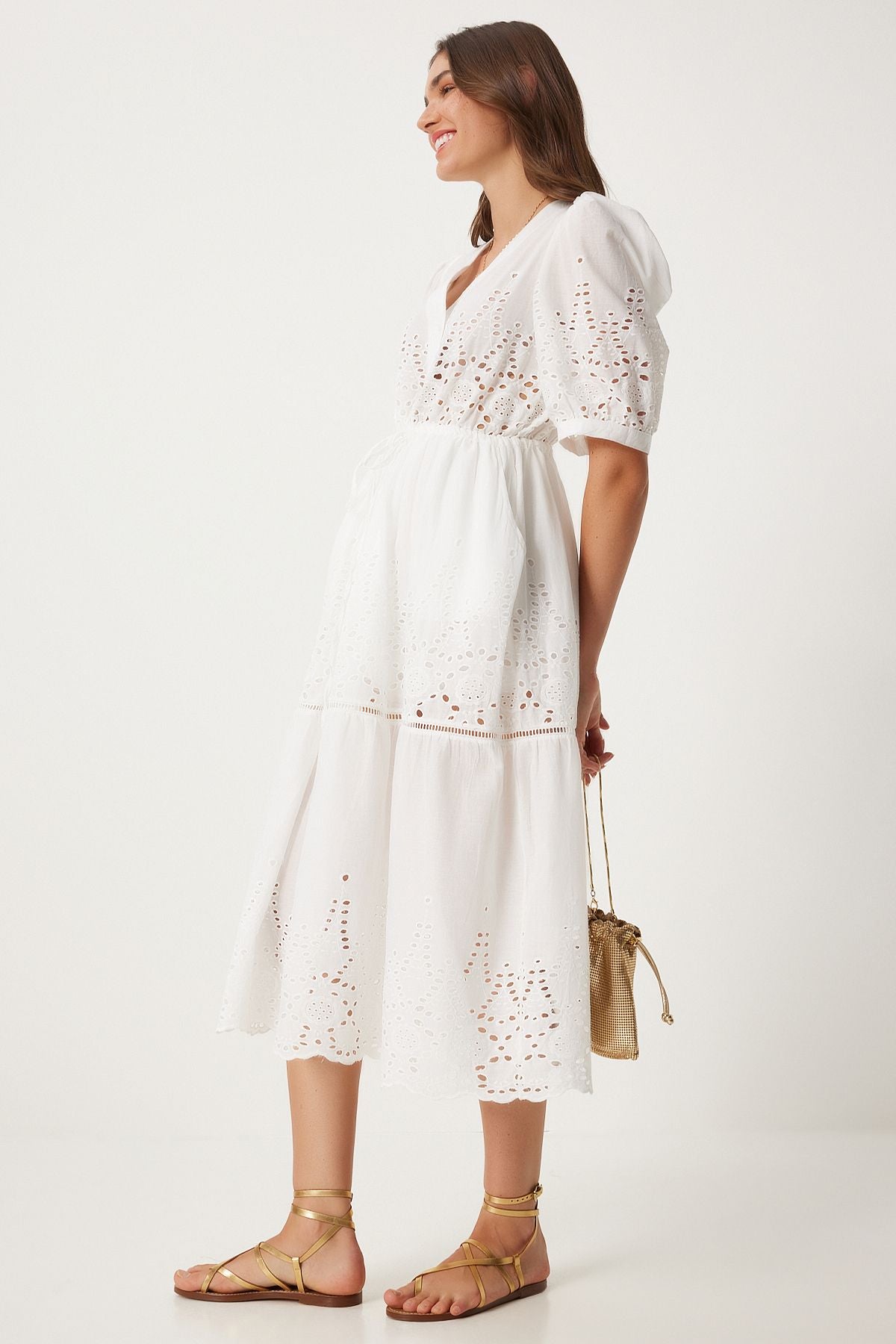 Woman White V -Neck Shirred Fisto Summer Dress ES00166