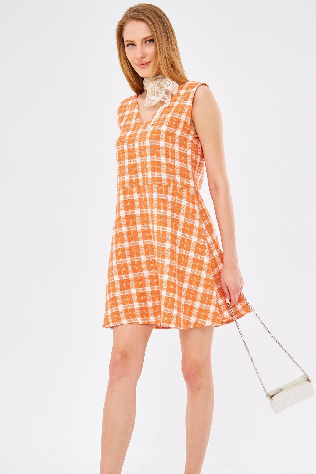 Female Orange Tüvit Front Rear V-Neck Sleeveless Clash Mini Dress ARM-24K001073