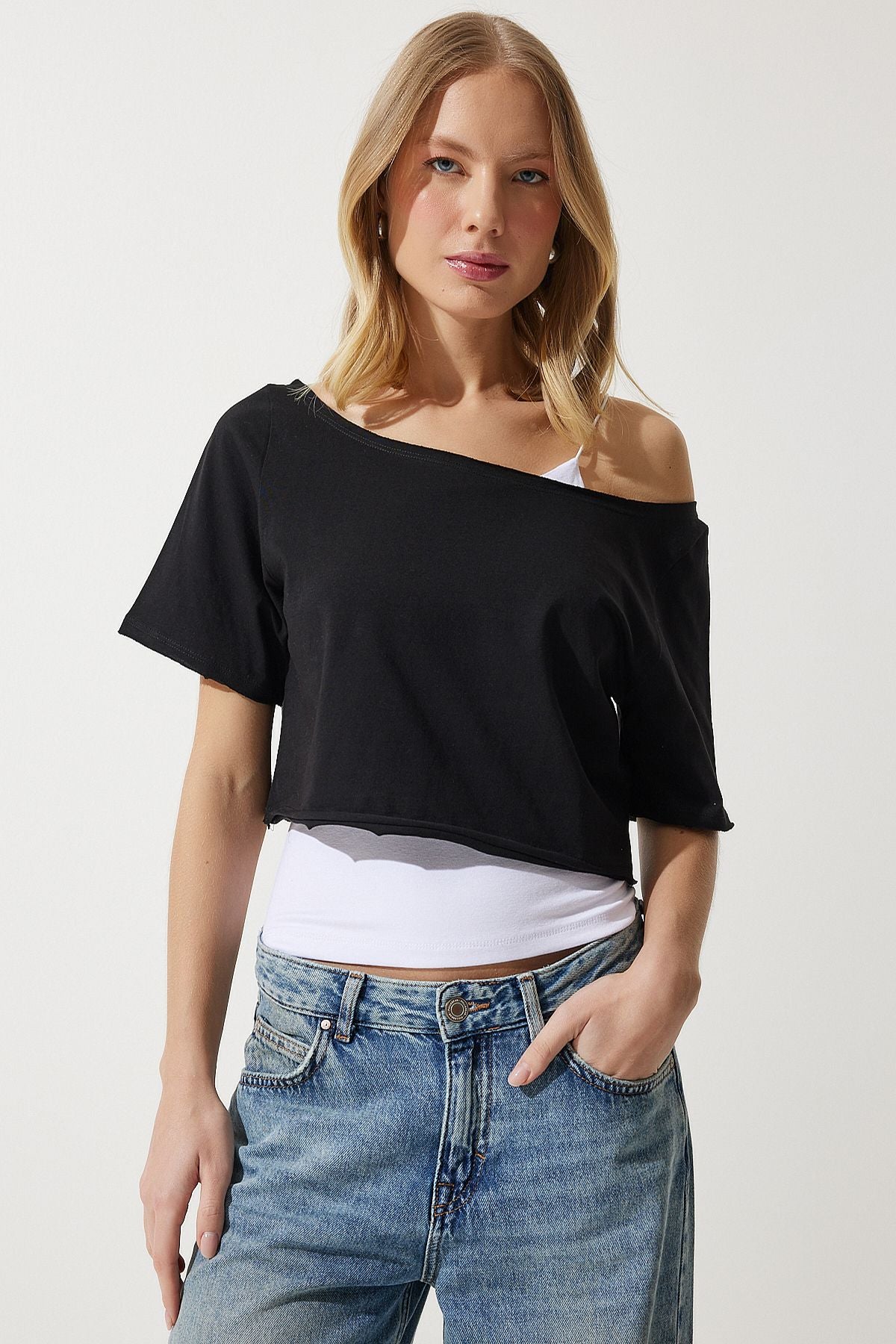 WOMEN BLACK GRAY GRAY MELANGEMENT BOAT BASIC CROP 2 PC Package Knitting T-Shirt OW00036