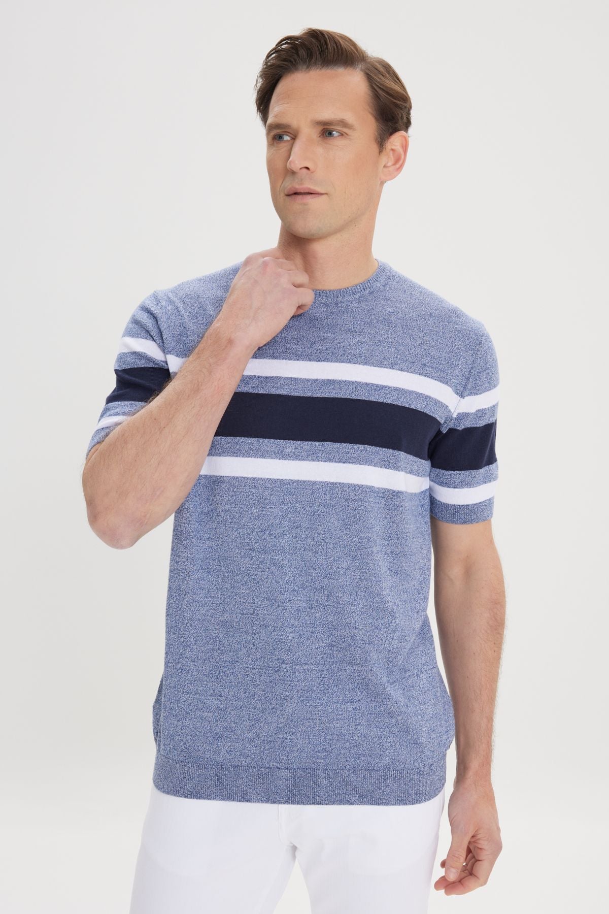 Men's Indigo-Lacivert Standard Fit Normal Normal Cut 100 %Cotton Striped Bicycle Yaka Triko T-shirt
