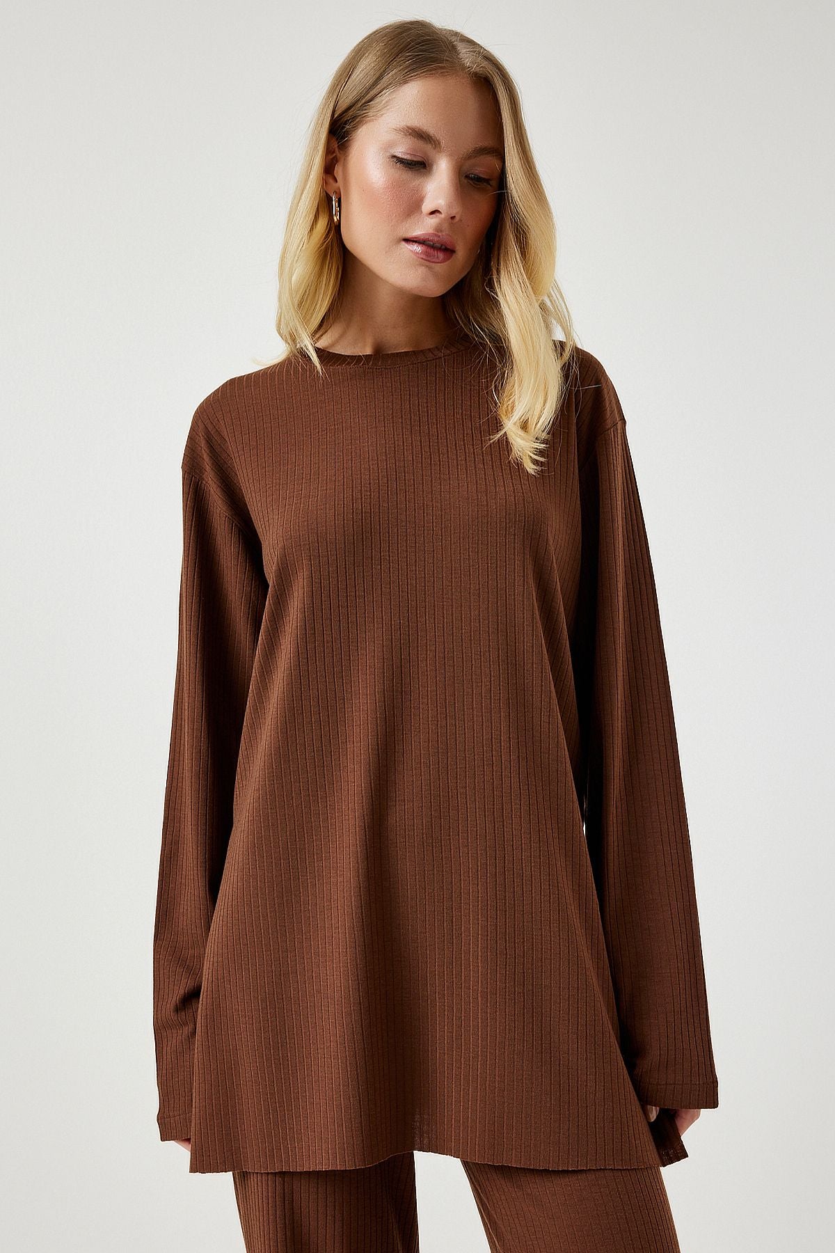 Female brown wick knitted blouse trousers set KH00088