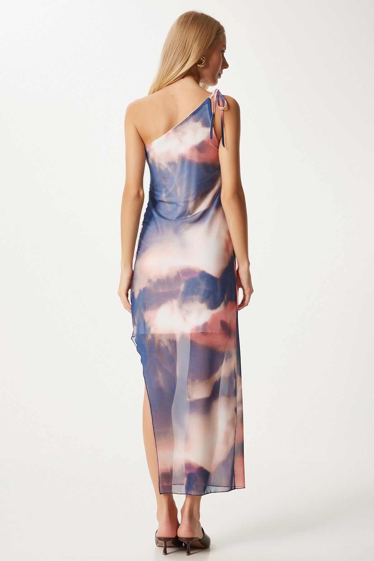 Woman Navy blue Single Patterned Slit Tulle Dress FN03332