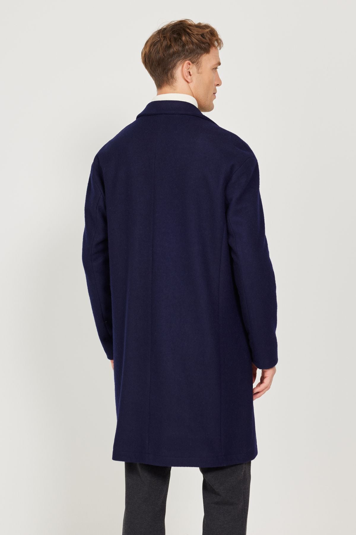Men's navy blue overwheeling mono collar woolen stamp coat