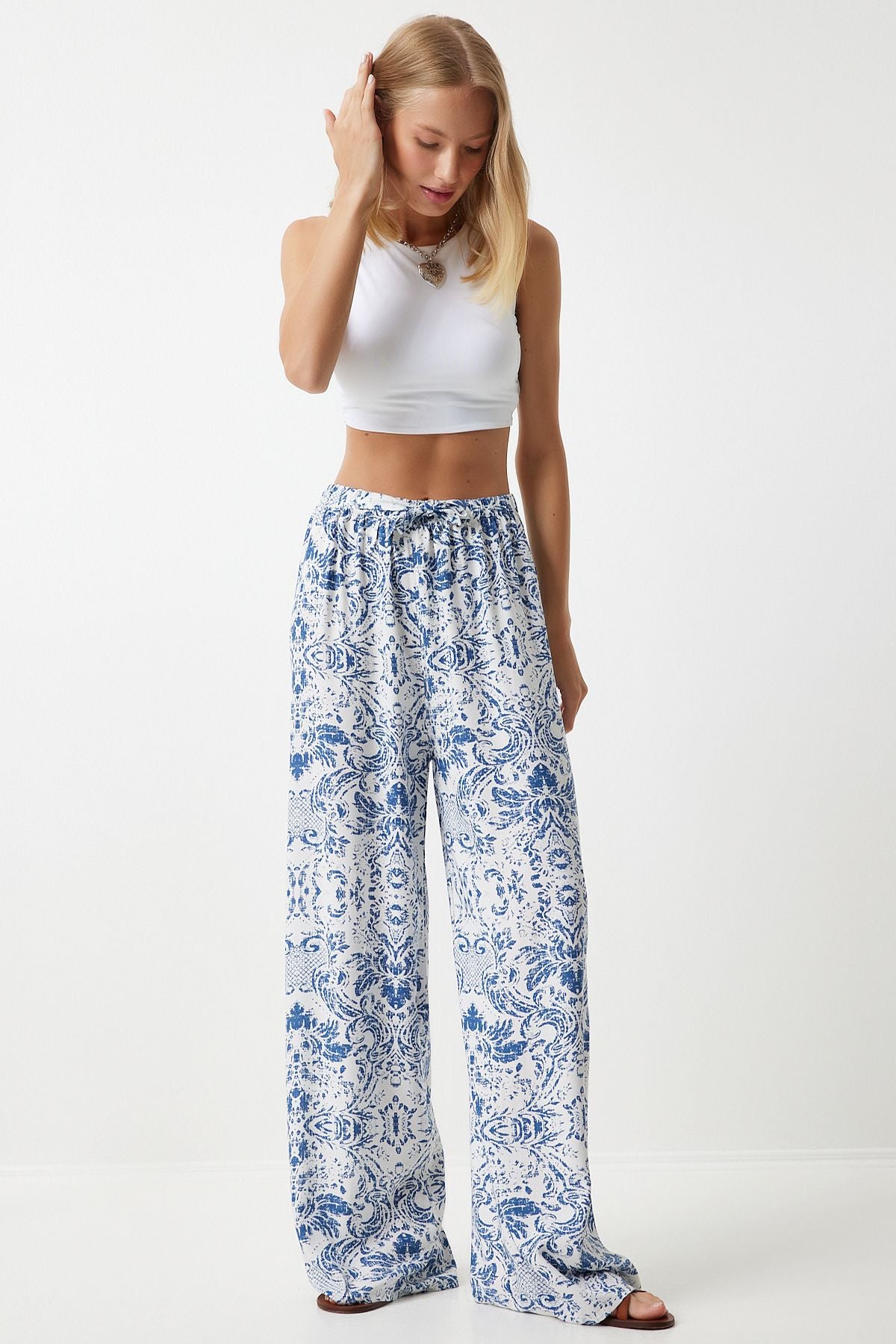 Woman Blue White High Waist Summer Plenty of viscose pants BH00354