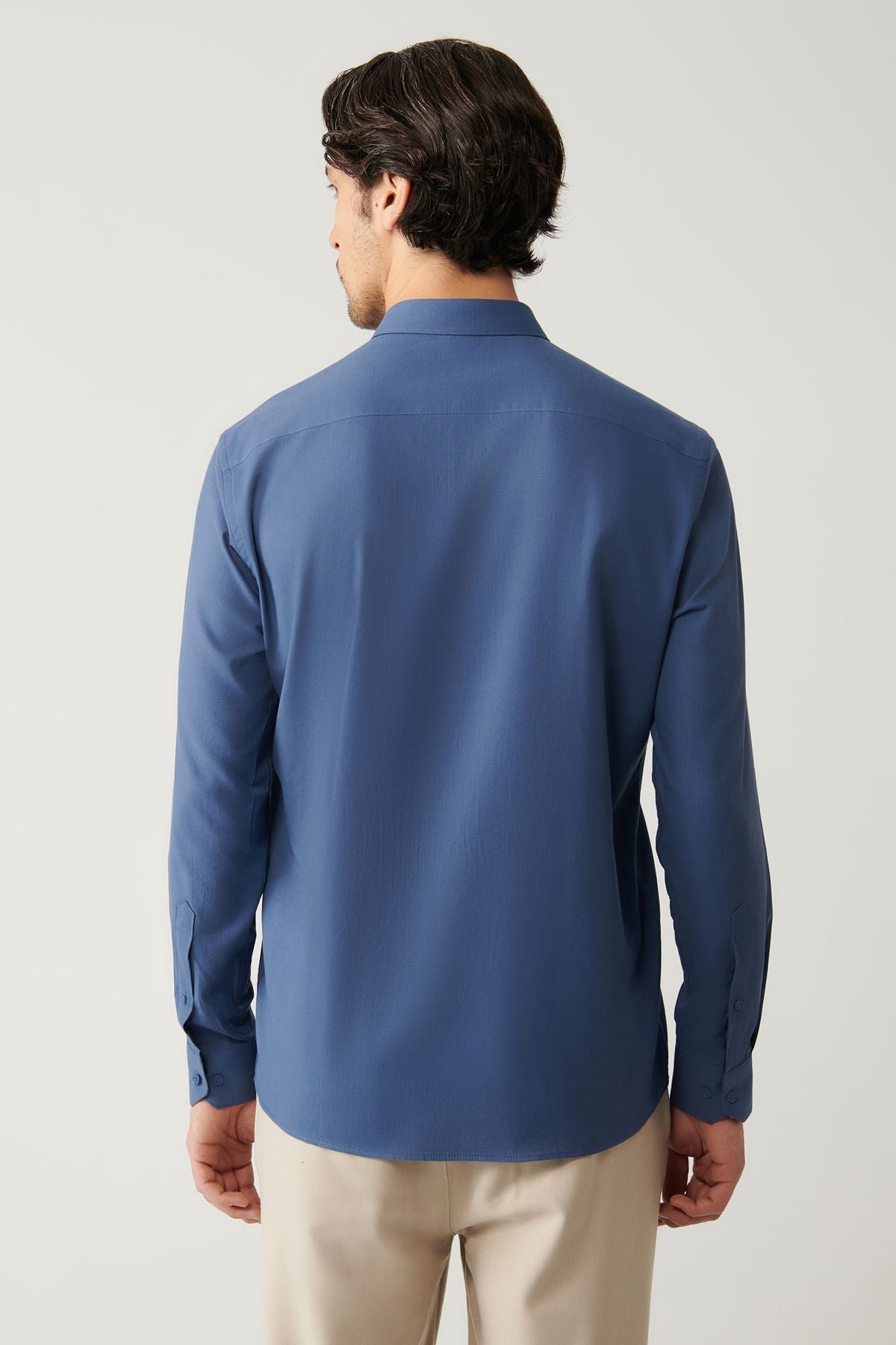 Men's Indigo buttoned collar 100 %cotton linen textured shirt E002141