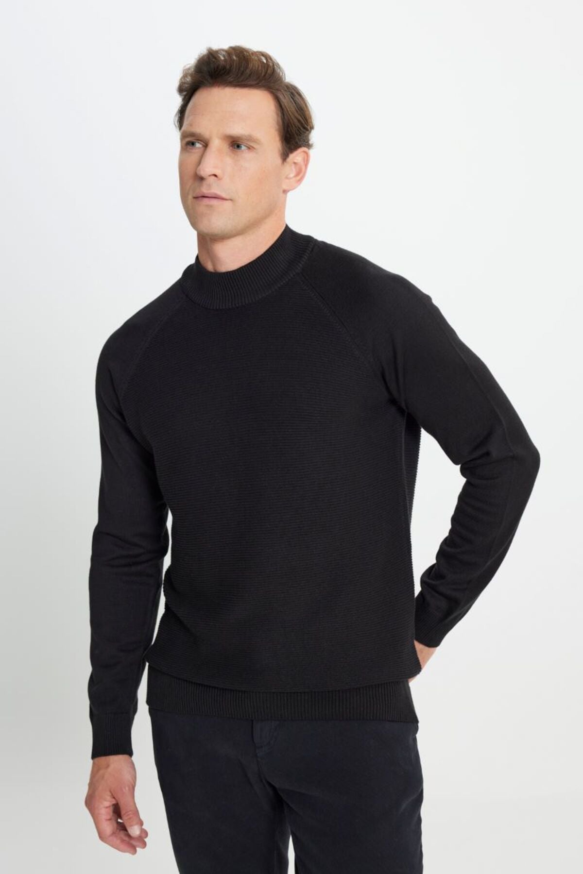 Cotton Standard Fit Normal Cut Half Fisherman Neck Patterned Knitwear Black Cossack