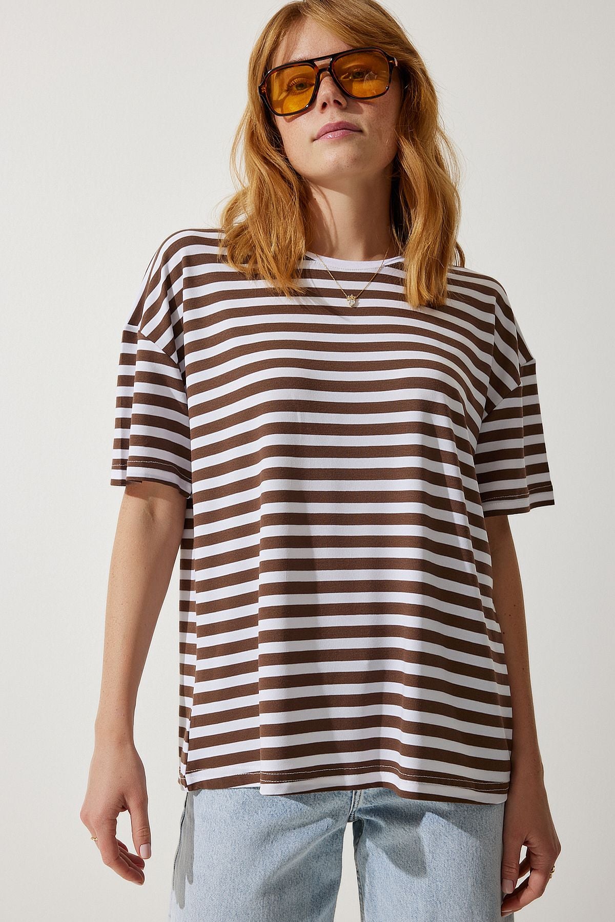 Woman Brown Bicycle Collar Striped Oversize knitting T-shirt EN00609