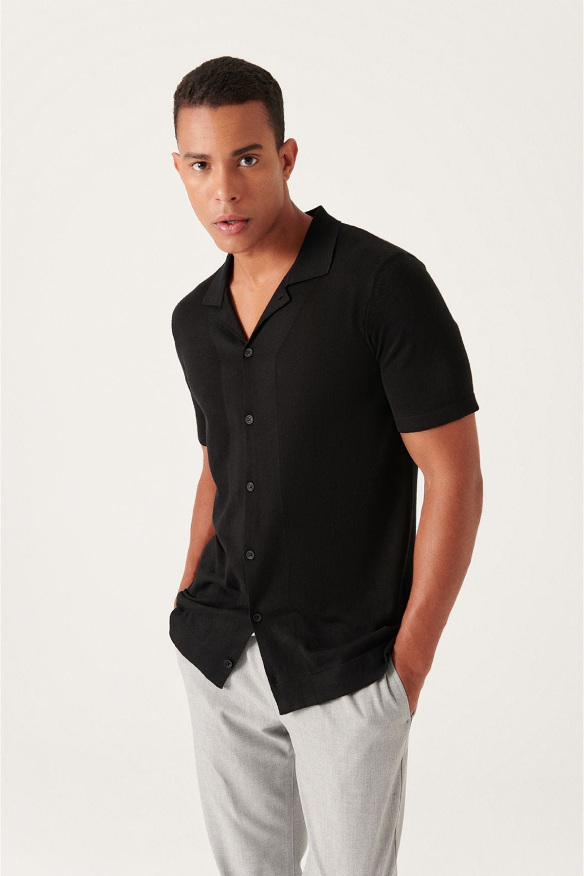 Men's Black Cuban Cuba Yaka button knitwear T-shirt B005008