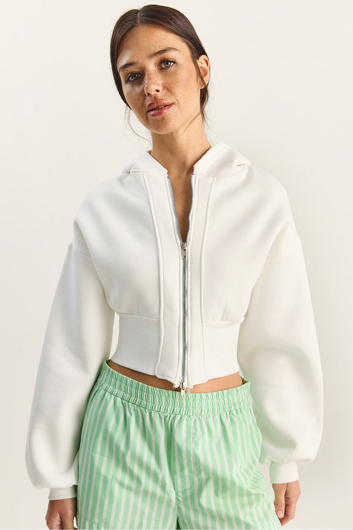 Women's Zippered Hooded Flexible Knitted Crop Sweatshirt 60283858