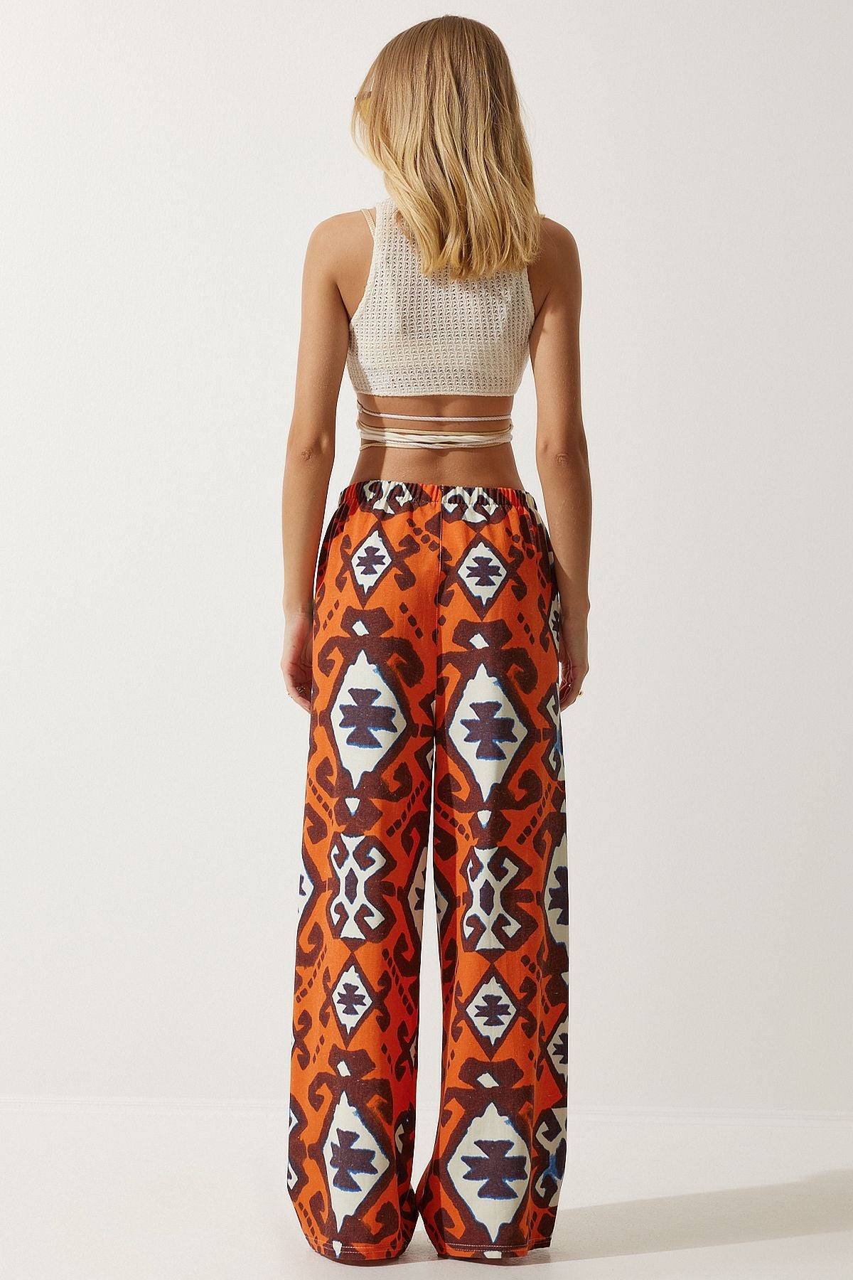 Female Orange Patterned Raw Linen Palazzo Pants BH00397