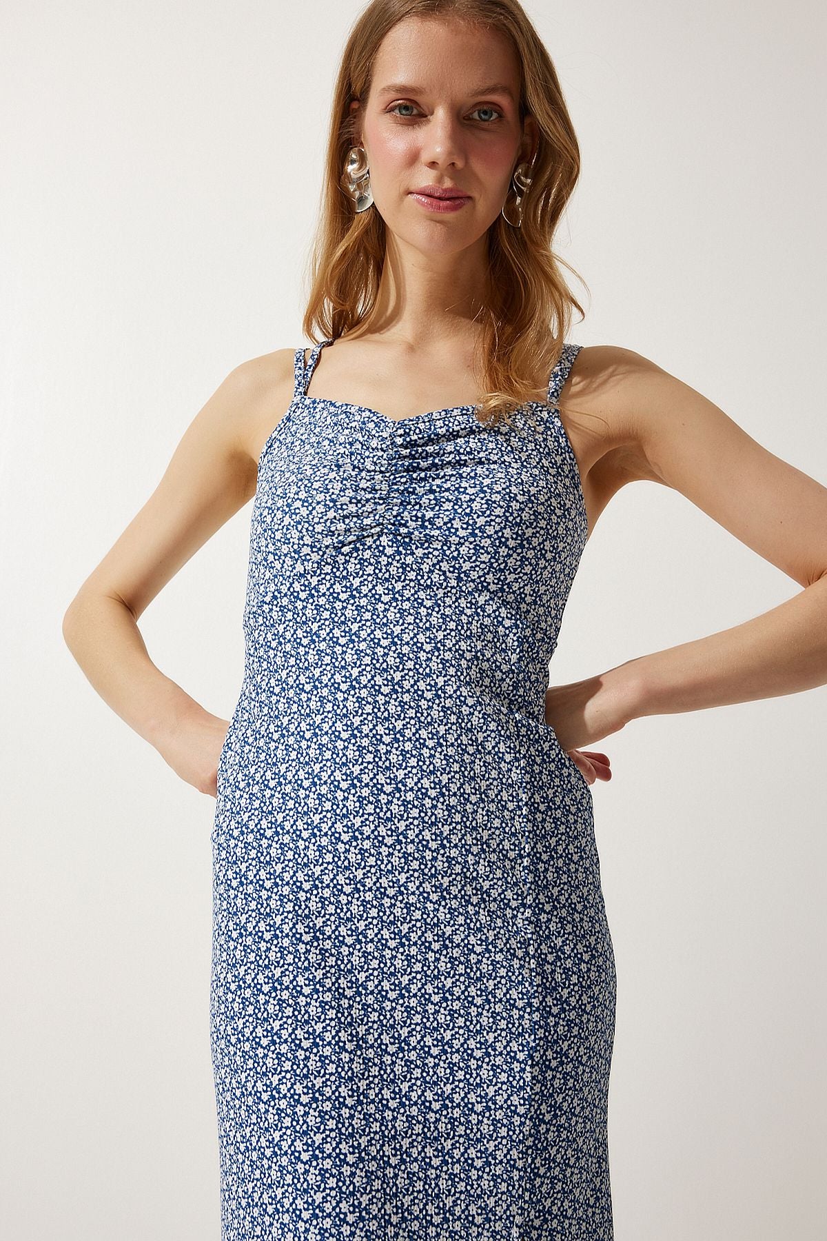 Woman Navy blue double strap pattern knitted dress mc00262