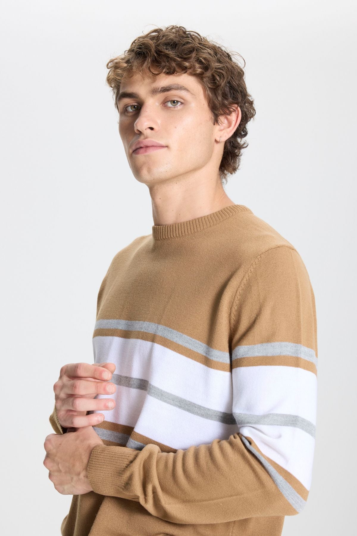 Men's light brown-crem standard fit normal cut normal cut bike collar striped knitwear sweater