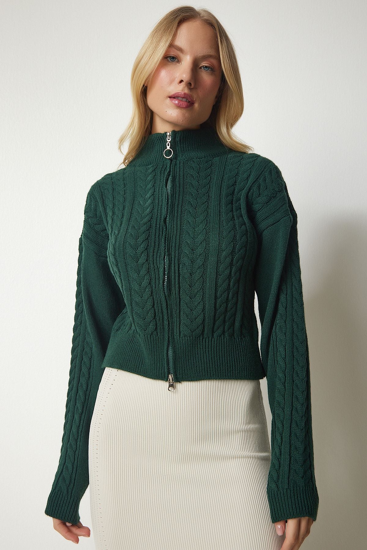 Female emerald green zipper knitting motif knitwear cardigan yy00174