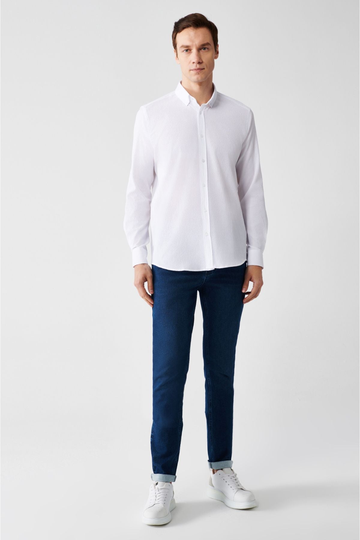 Men's white button collar Seersucker cotton shirt A32Y2071