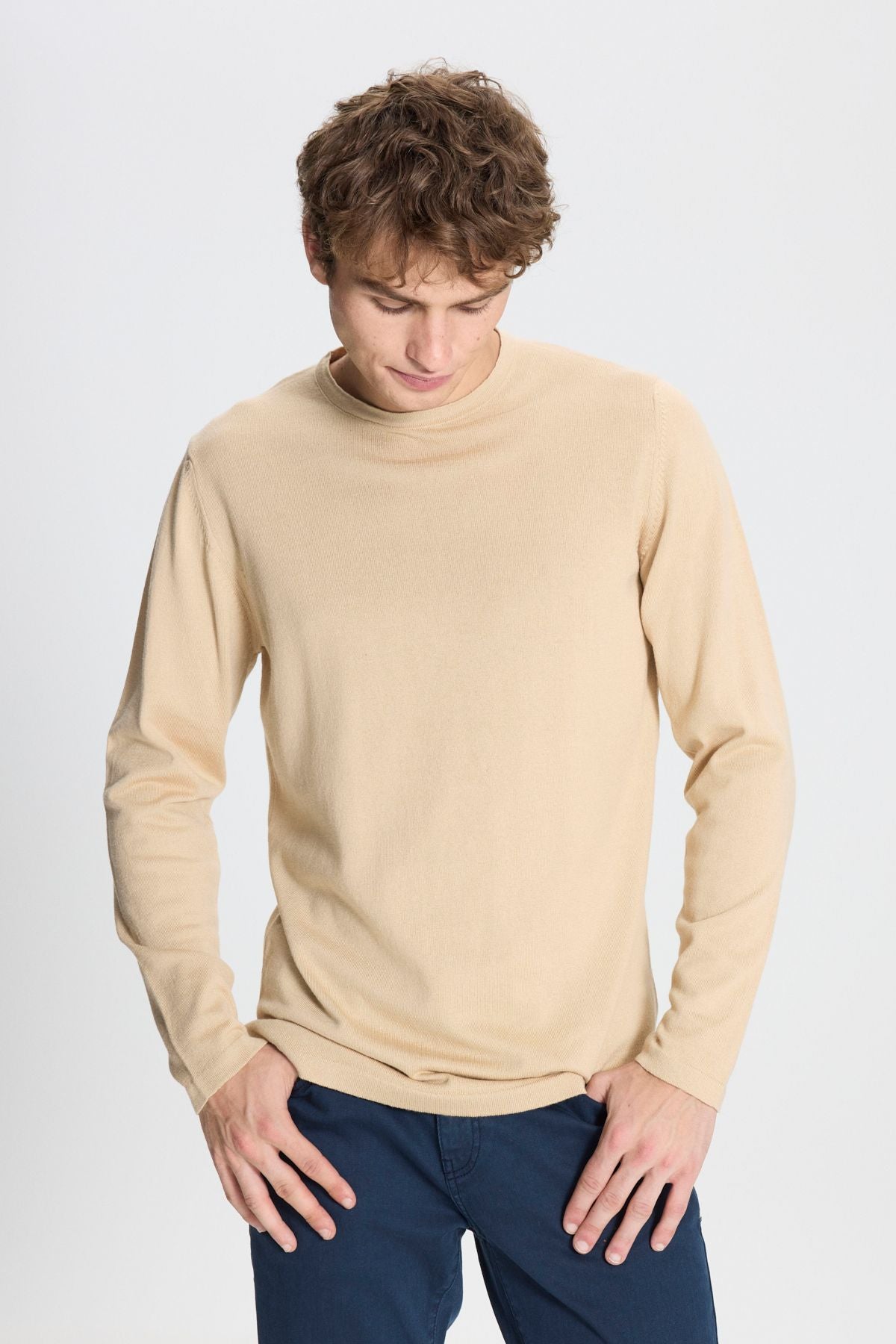 Men's beige standard fit normal cutting hot bike collar knitwear sweater