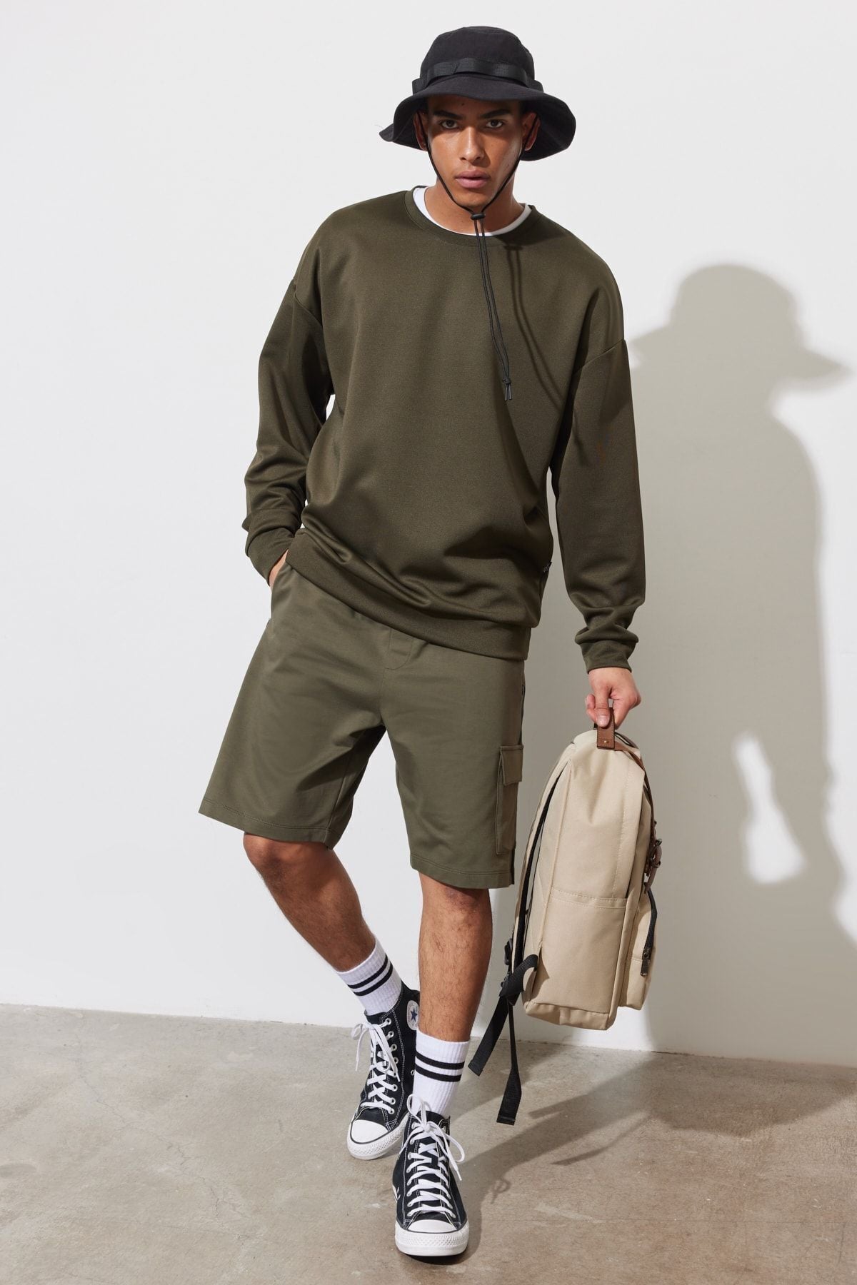 Men's Khaki Standard Fit Normal Cutting Cotton Pocket Knitting Shorts