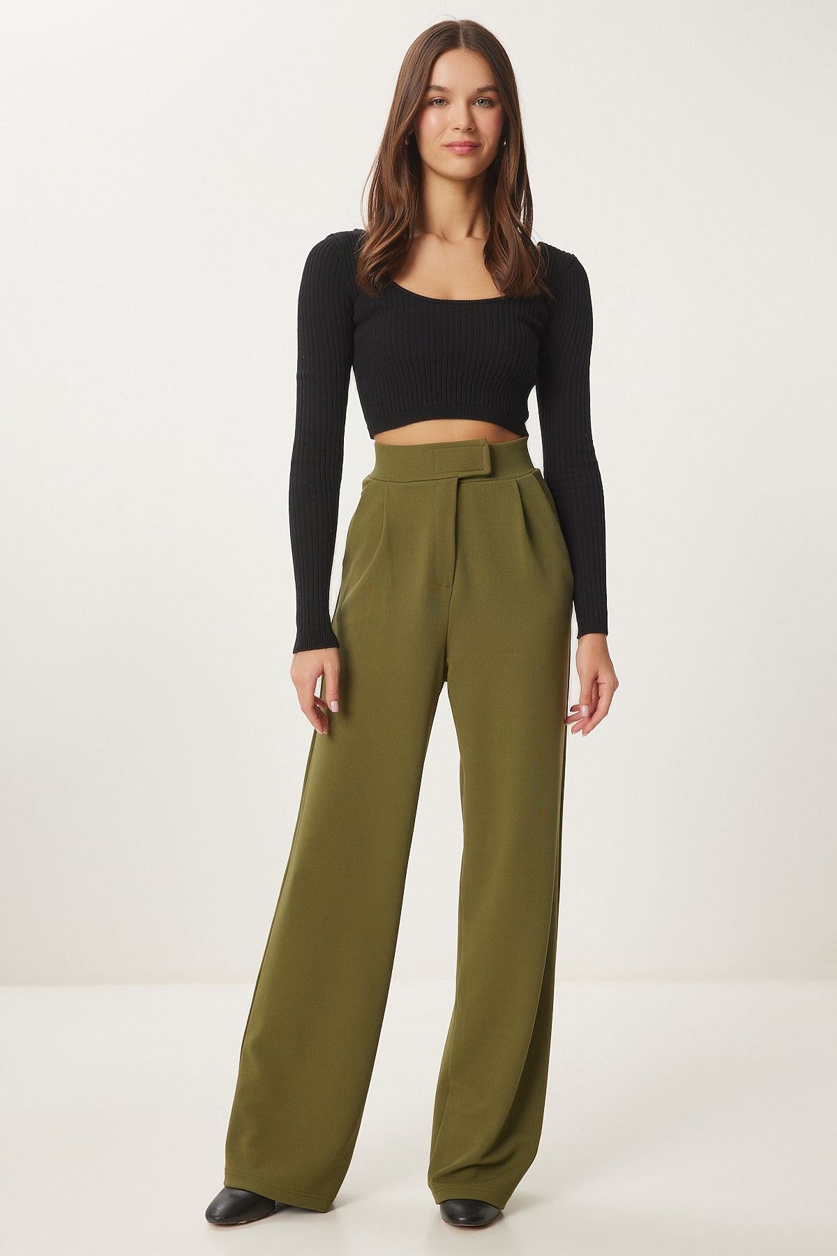 Female Khaki Waist Calcare Casual Woven Pants RV00150