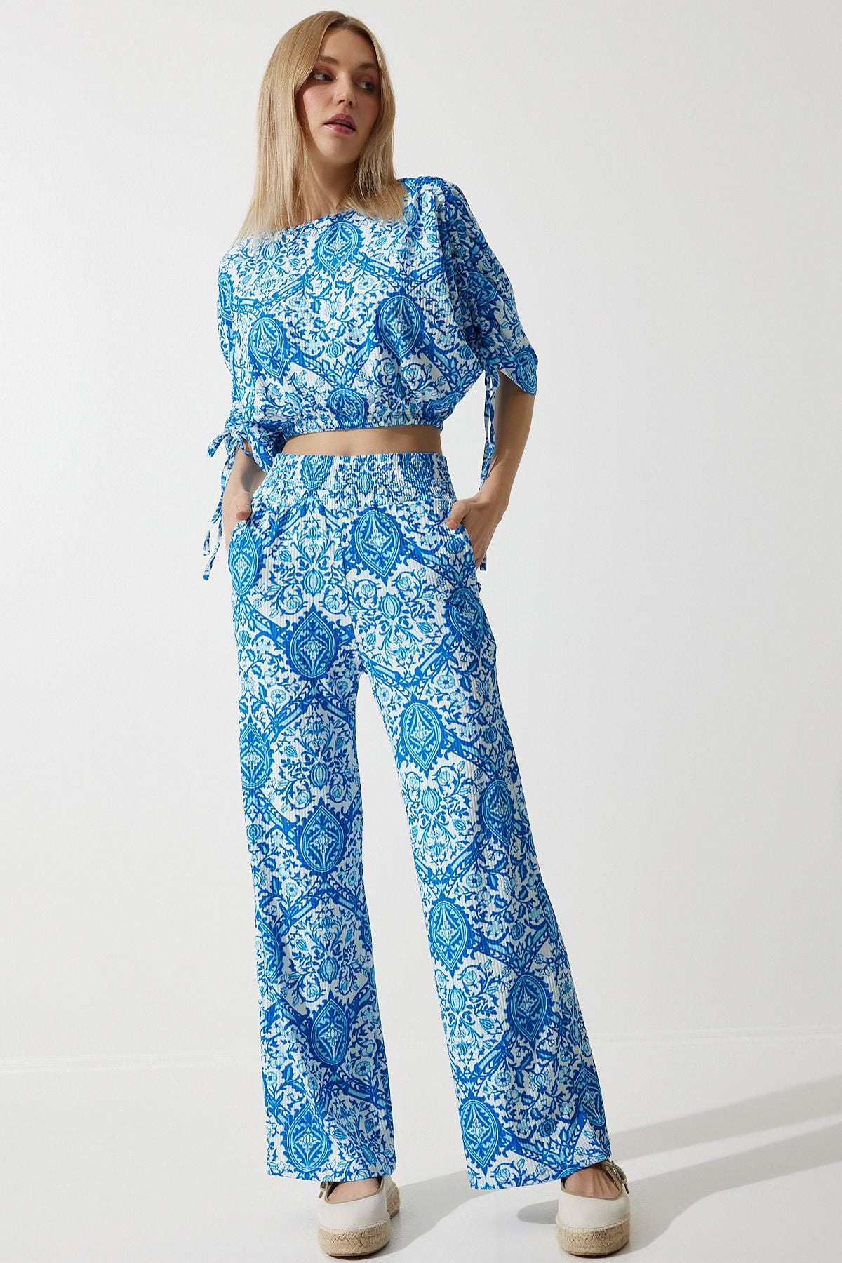 Women's Blue White Patterned Blouse Palazzo Knitting Set MC00264