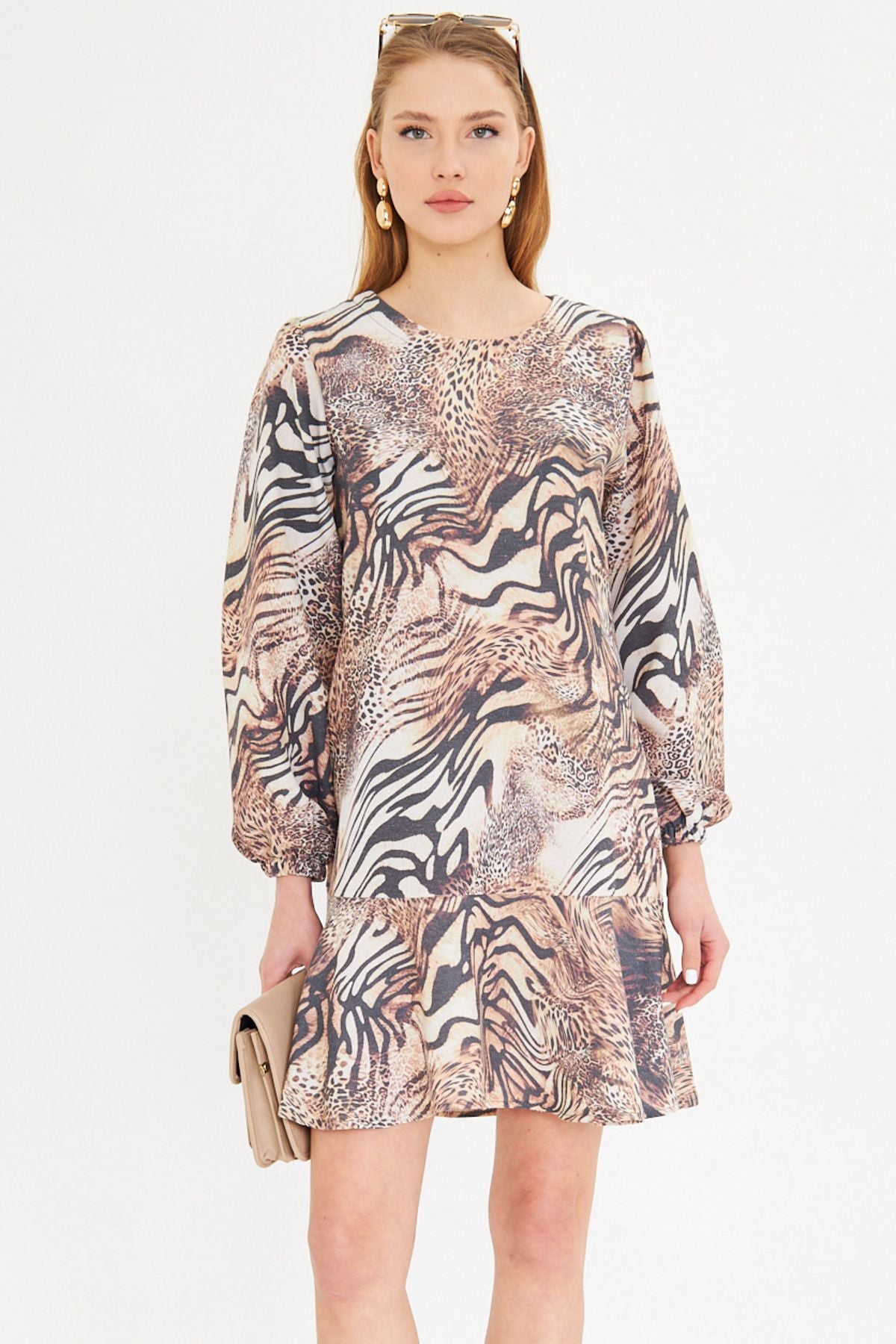 Female Coffee Round Yaka Skirt Flane Sleezed Arms Shirred Mini Dress ARM-25K001093