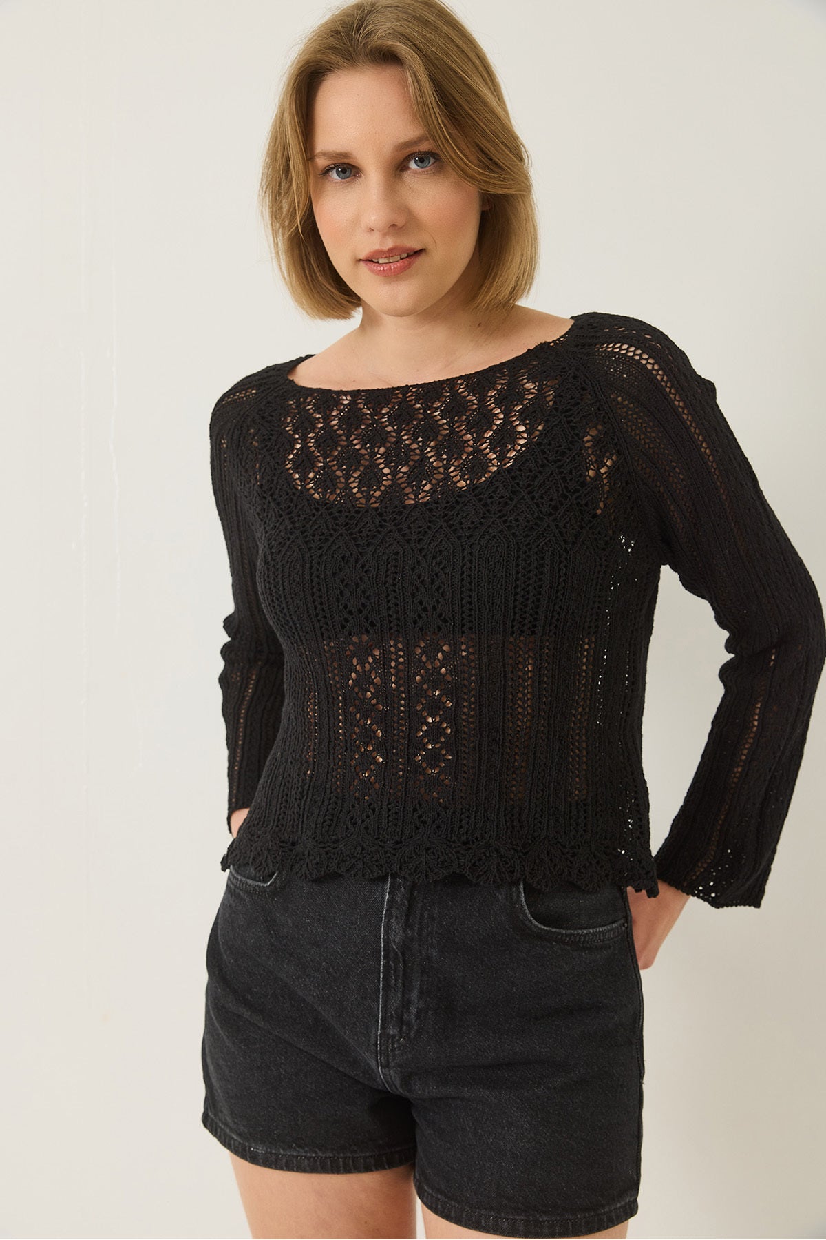 Women's Boat Neck Openwork Knitted Knitwear Blouse 60261567